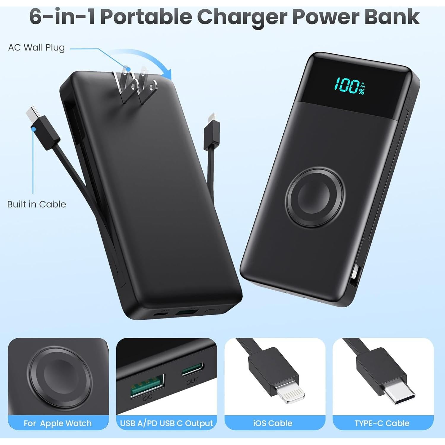 Cargador Portátil FOCHEW 10800mAh con Cables Integrados y Enchufe