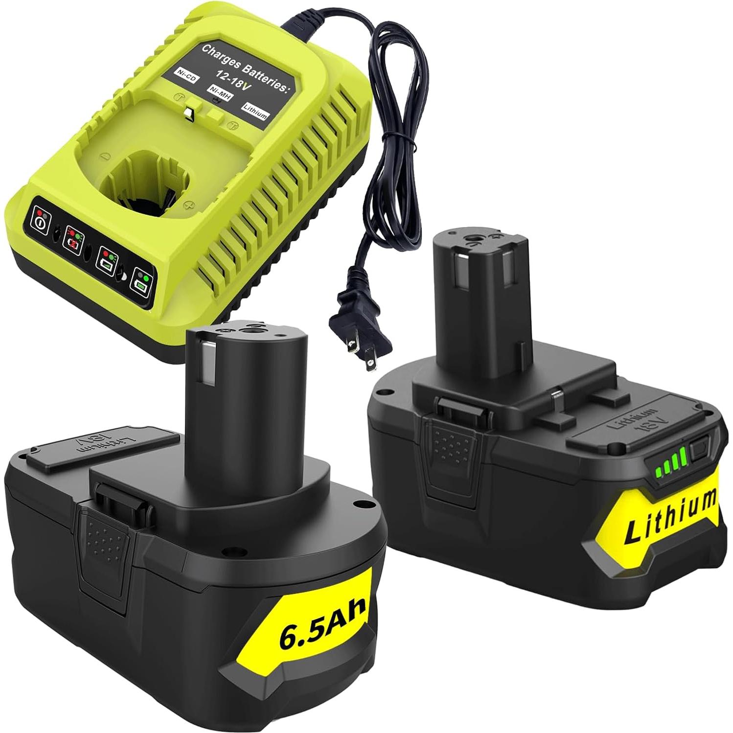 2 Baterías de Litio 18V 6500mAh y Cargador P117 Ryobi
