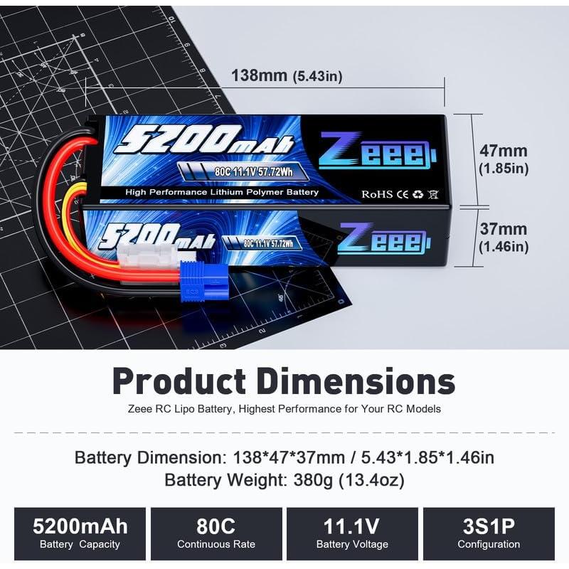 Batería Lipo Zeee 3S 5200mAh 11.1V 80C EC3 - Paquete de 2