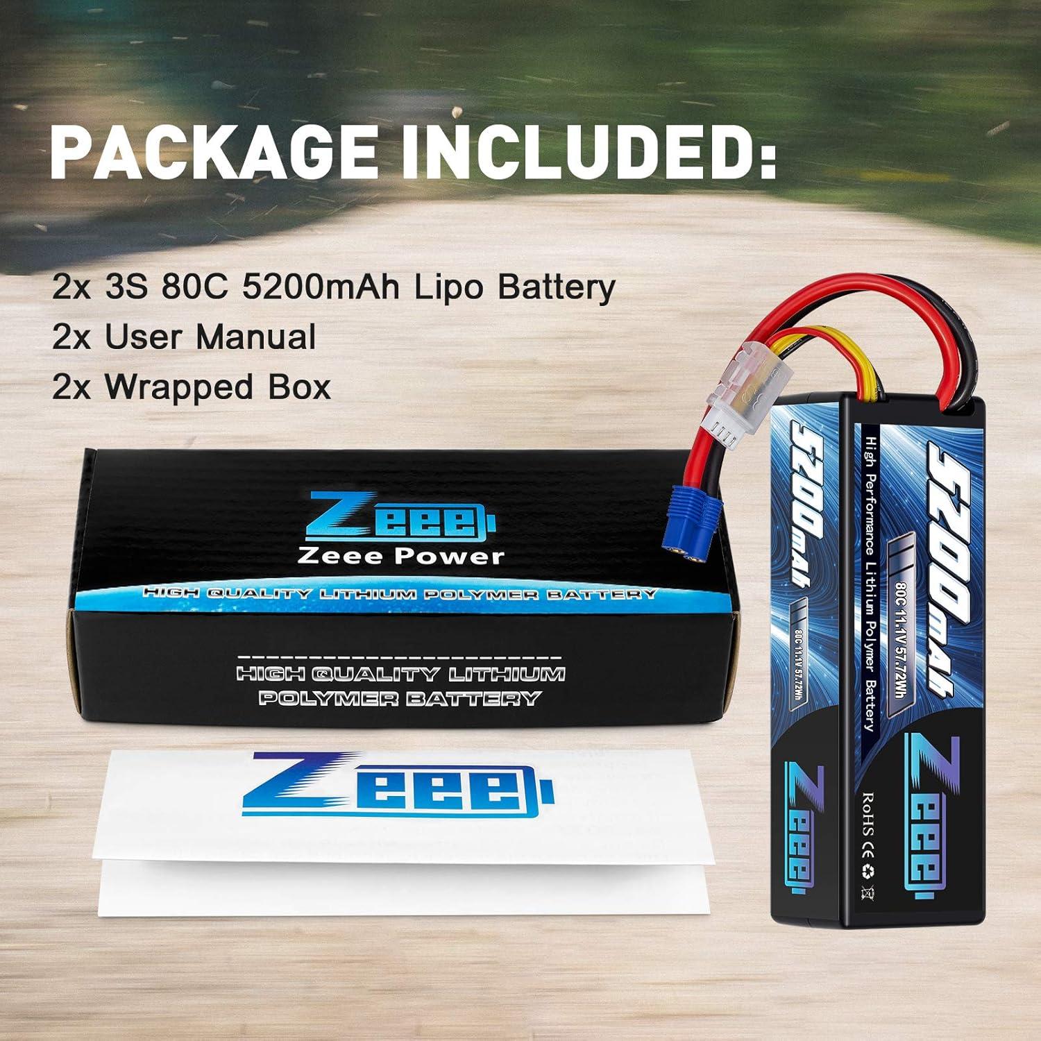 Batería Lipo Zeee 3S 5200mAh 11.1V 80C EC3 - Paquete de 2
