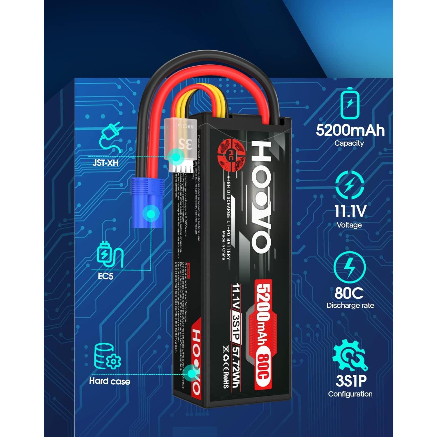 Batería Lipo HOOVO 3S 11.1V 5200mAh 80C EC5 - 2 Paquetes