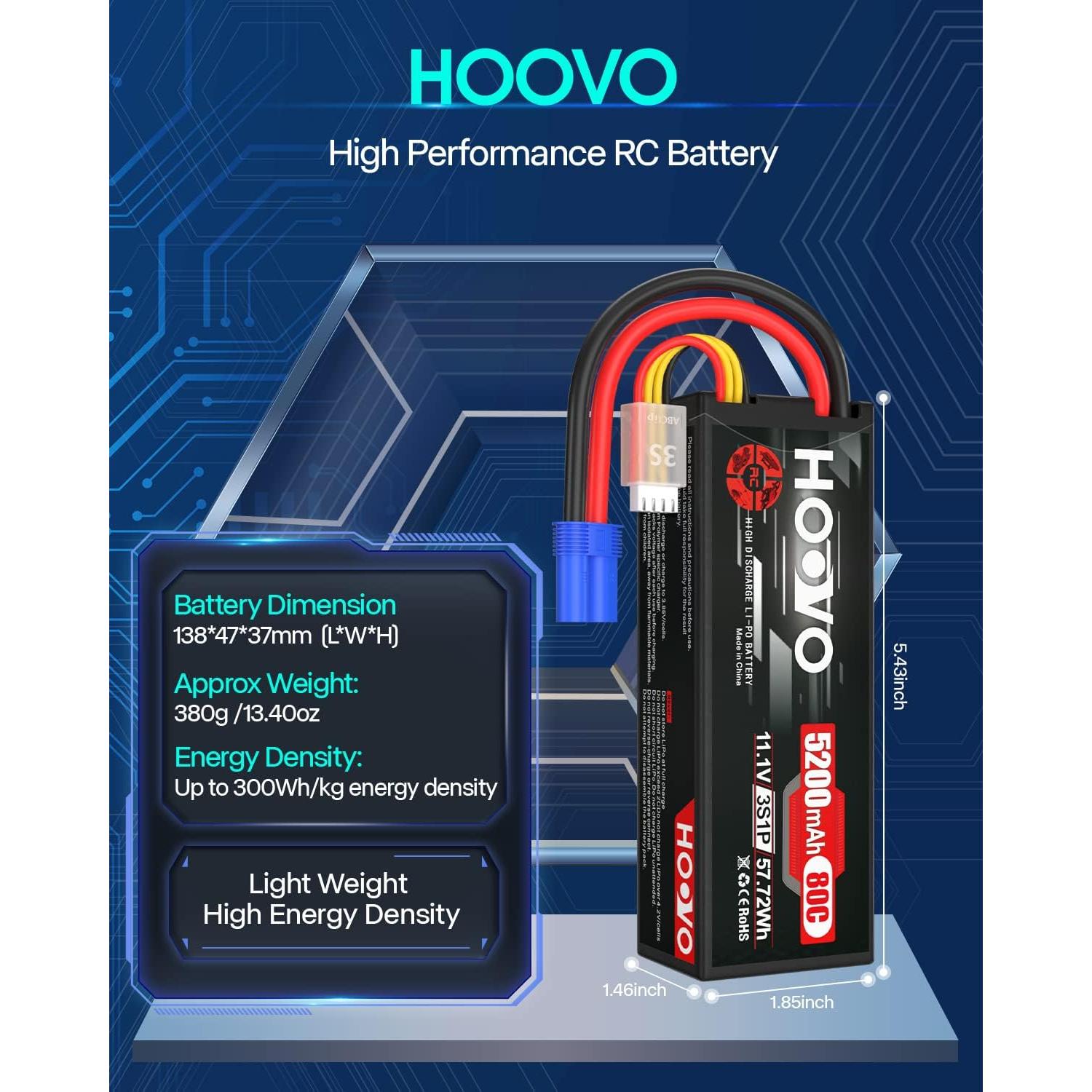 Batería Lipo HOOVO 3S 11.1V 5200mAh 80C EC5 - 2 Paquetes