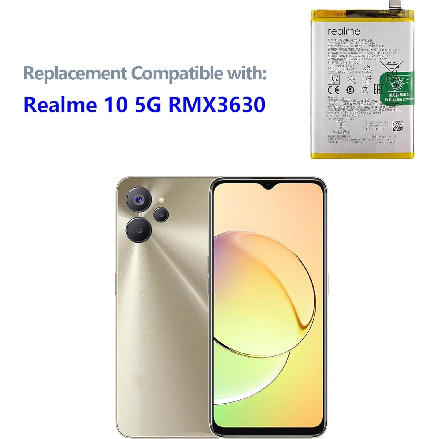 Batería Recargable BLP957 para OPPO Realme 10 5G 4900mAh