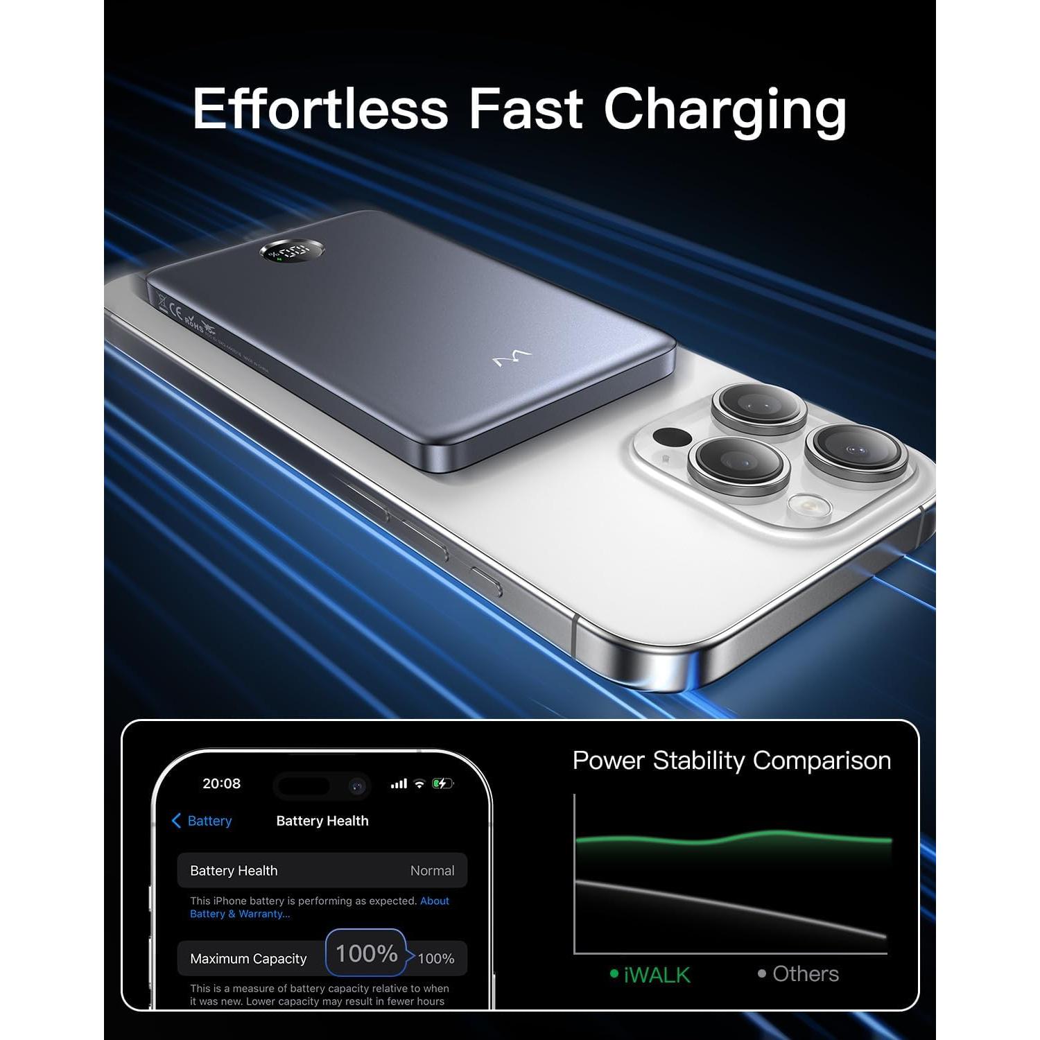 Cargador Portátil Magnético iWALK 5000mAh Carga Inalámbrica Gris