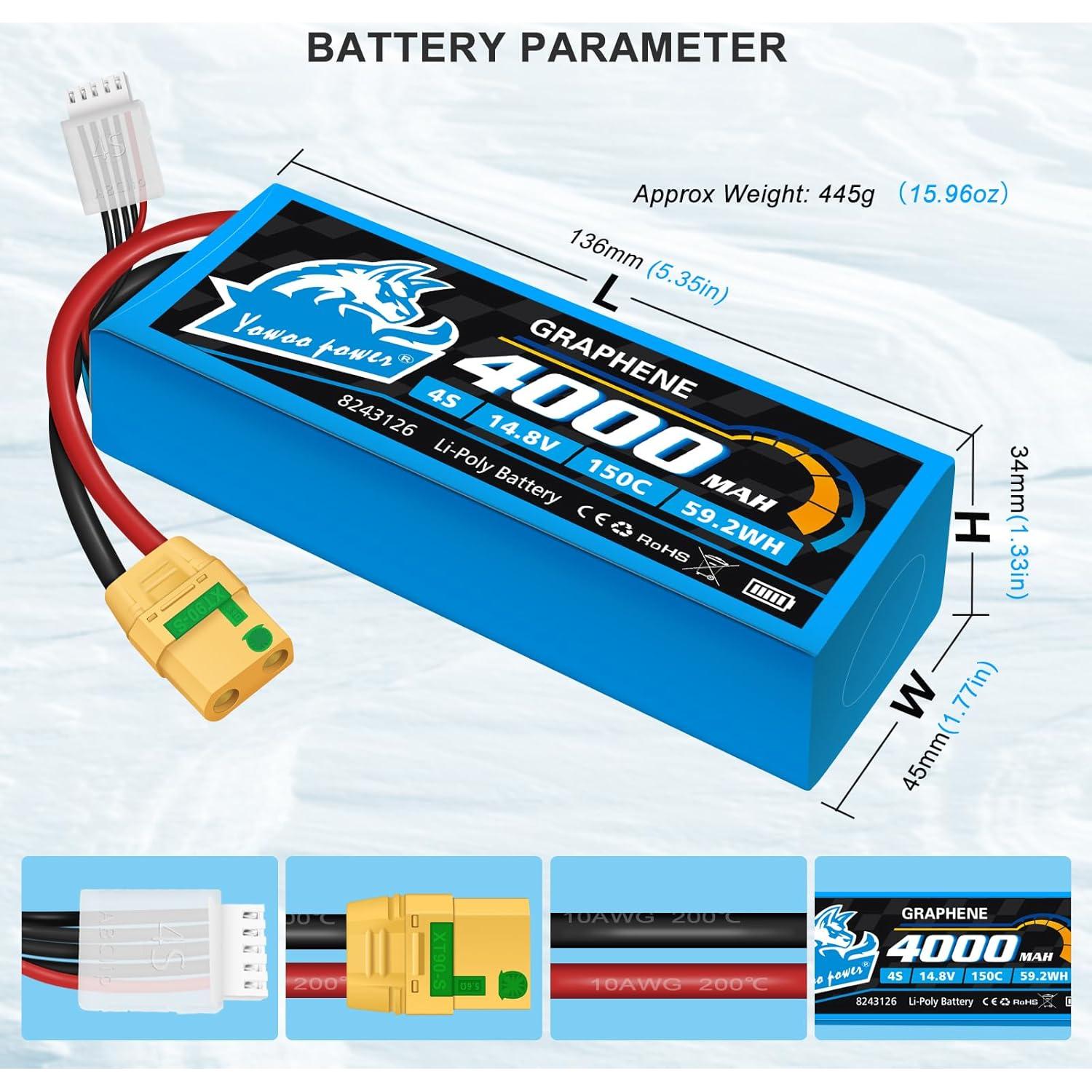 Batería Lipo Yowoo 4S 4000mAh 14.8V 150C con Conector XT90S