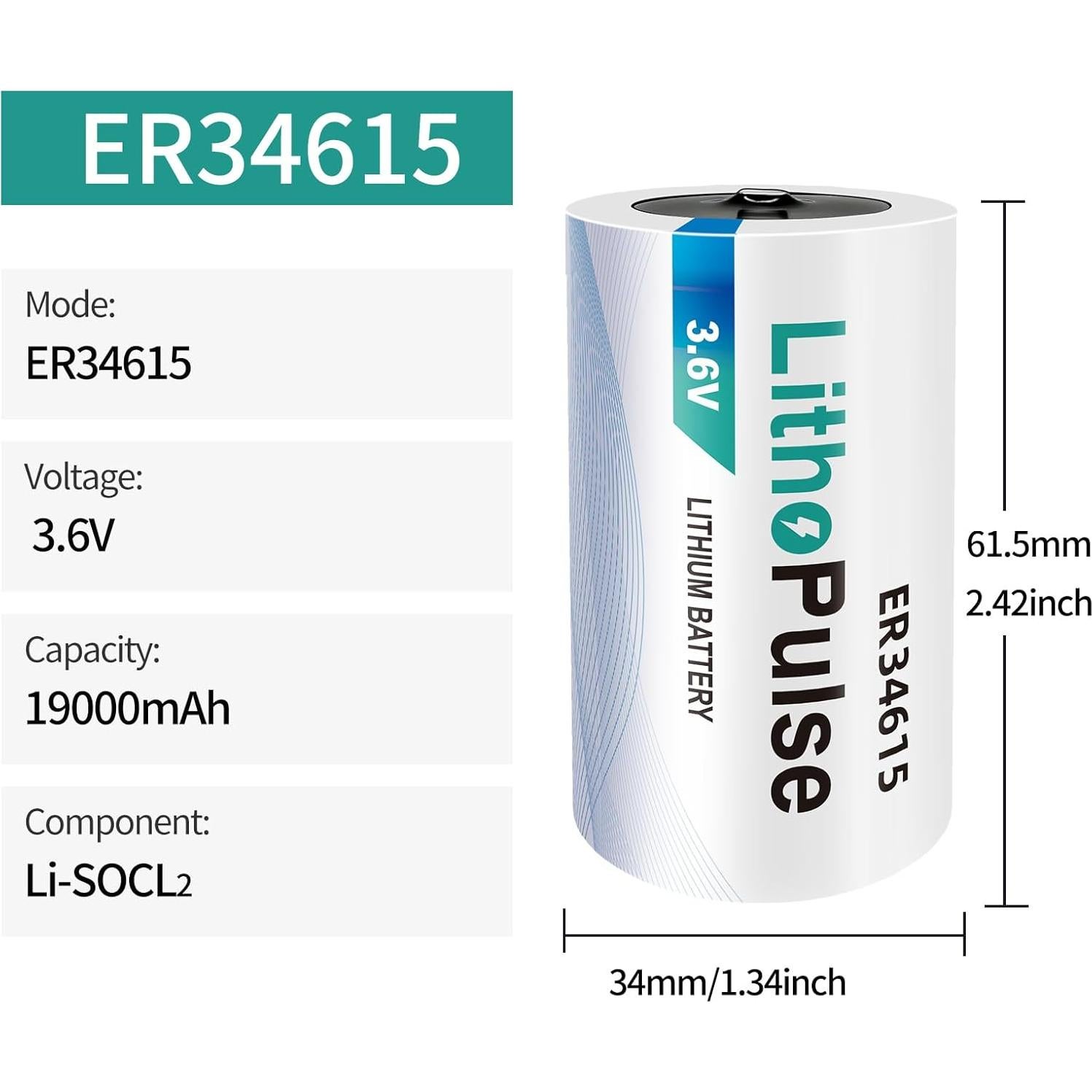 Paquete de 4 Baterías de Litio ER34615 D 3.6V 19000mAh