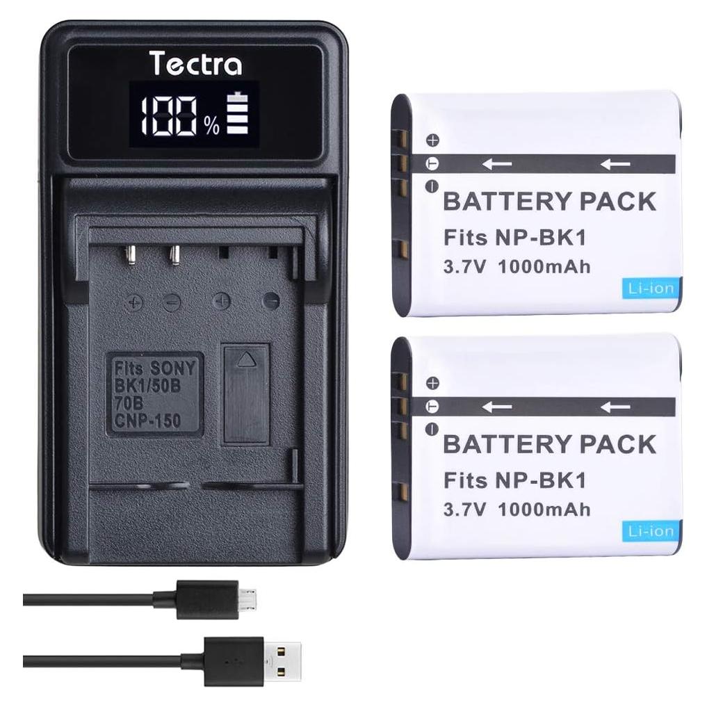 Tectra Paquete 2 Baterías NP-BK1 y Cargador USB para Sony