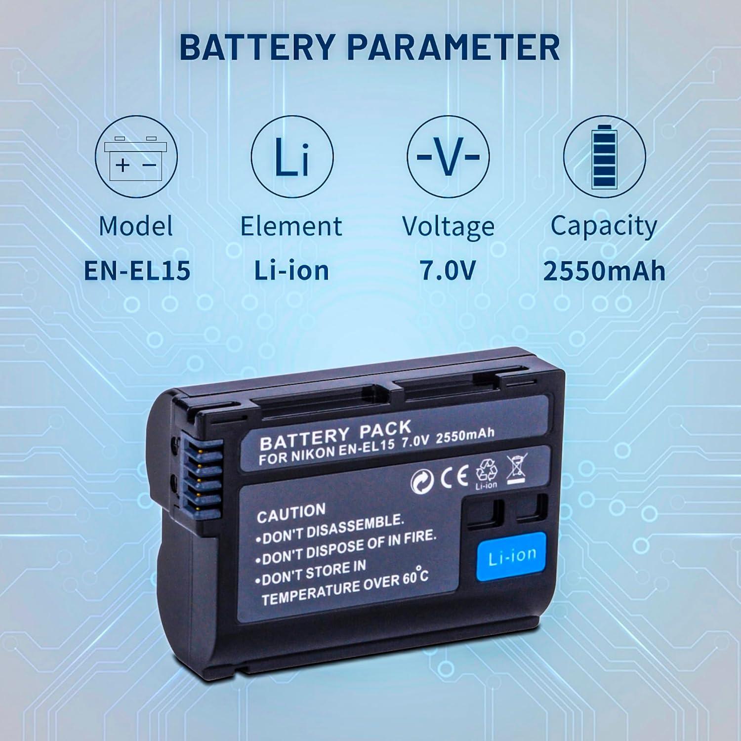 Paquete 3 Baterías EN-EL15 2550mAh + Cargador LCD Nikon