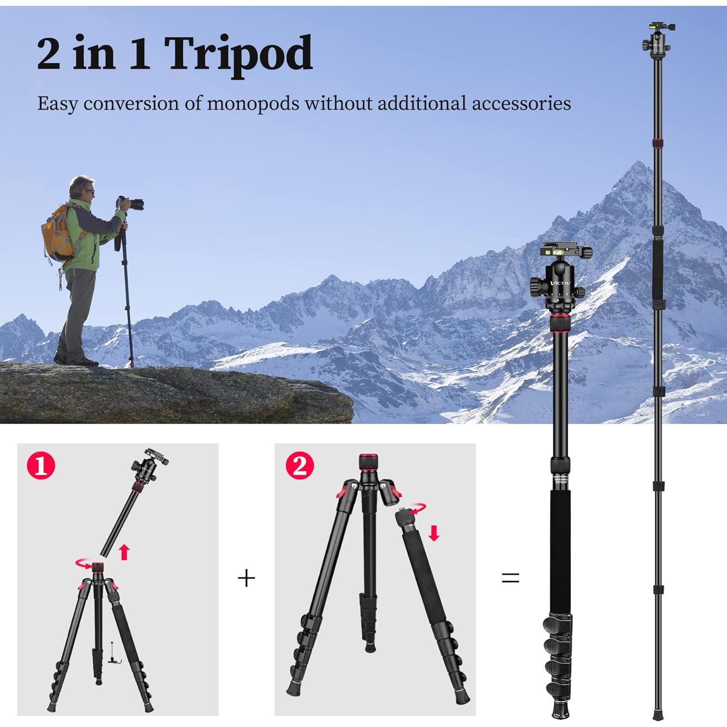 Trípode Profesional Victiv 206 cm Aluminio Compacto para Cámara