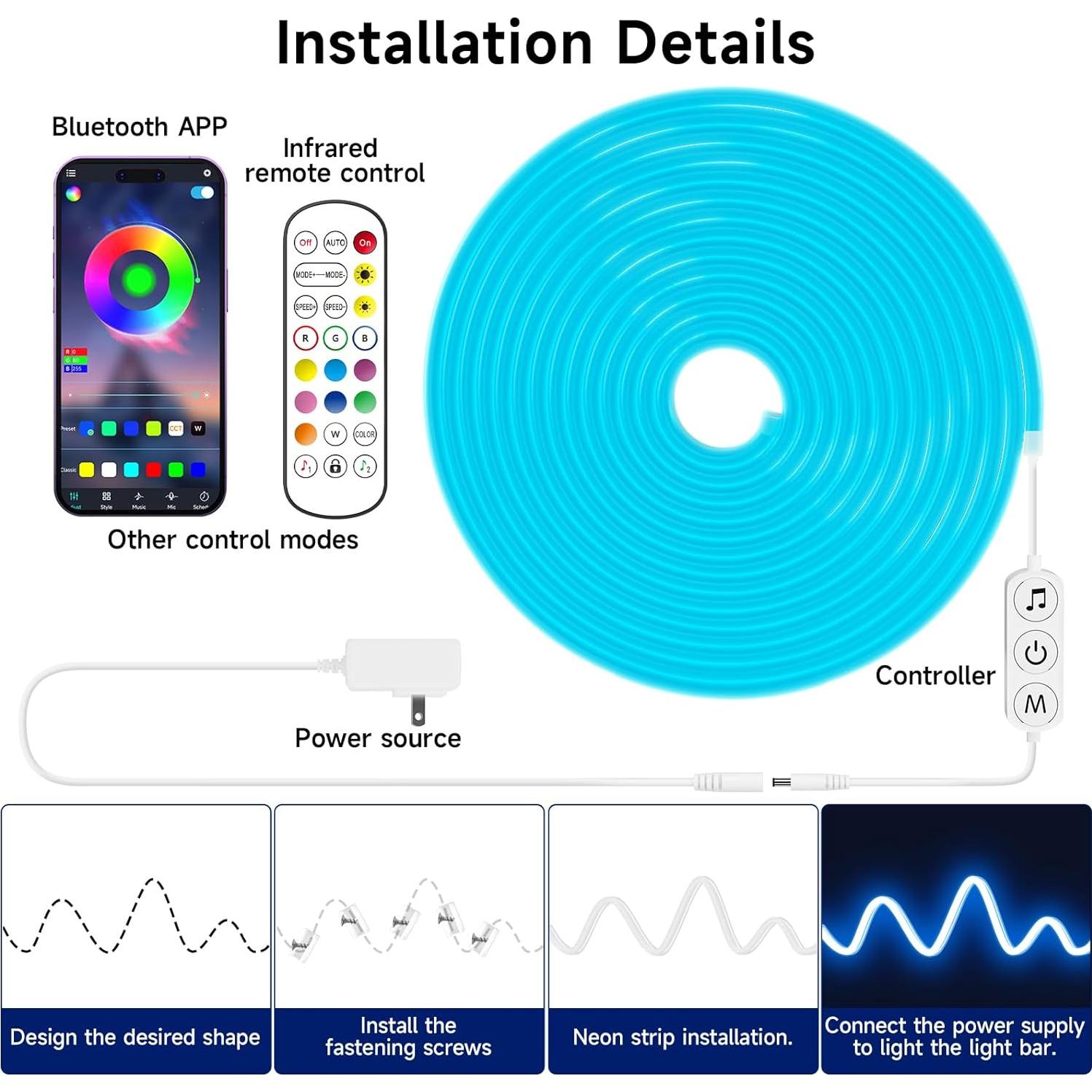 Luces de Cuerda LED Neón KANTUTOE 5m RGB IP67 Control Remoto