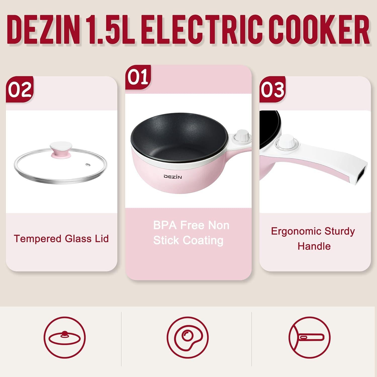 Olla Eléctrica Dezin 1.5L Antiadherente Rosa para Fideos