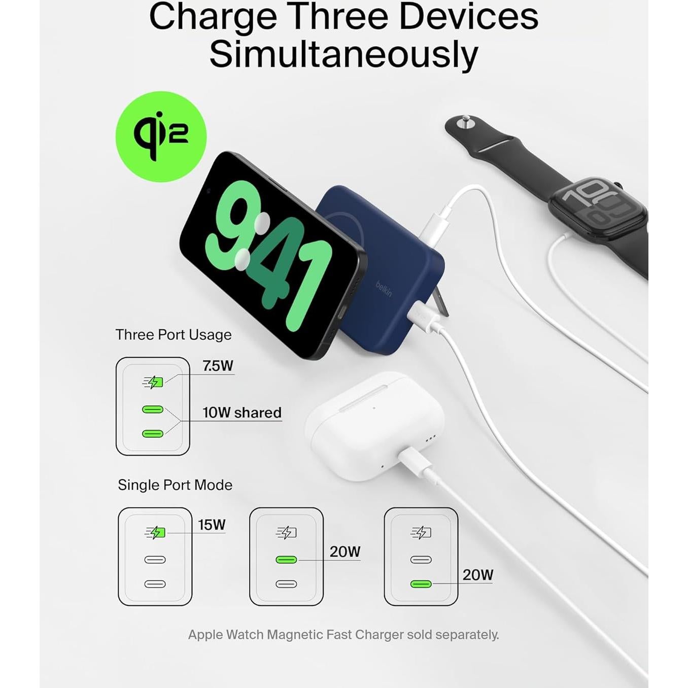 Cargador Portátil Belkin 10K mAh Inalámbrico Qi2 15W Azul