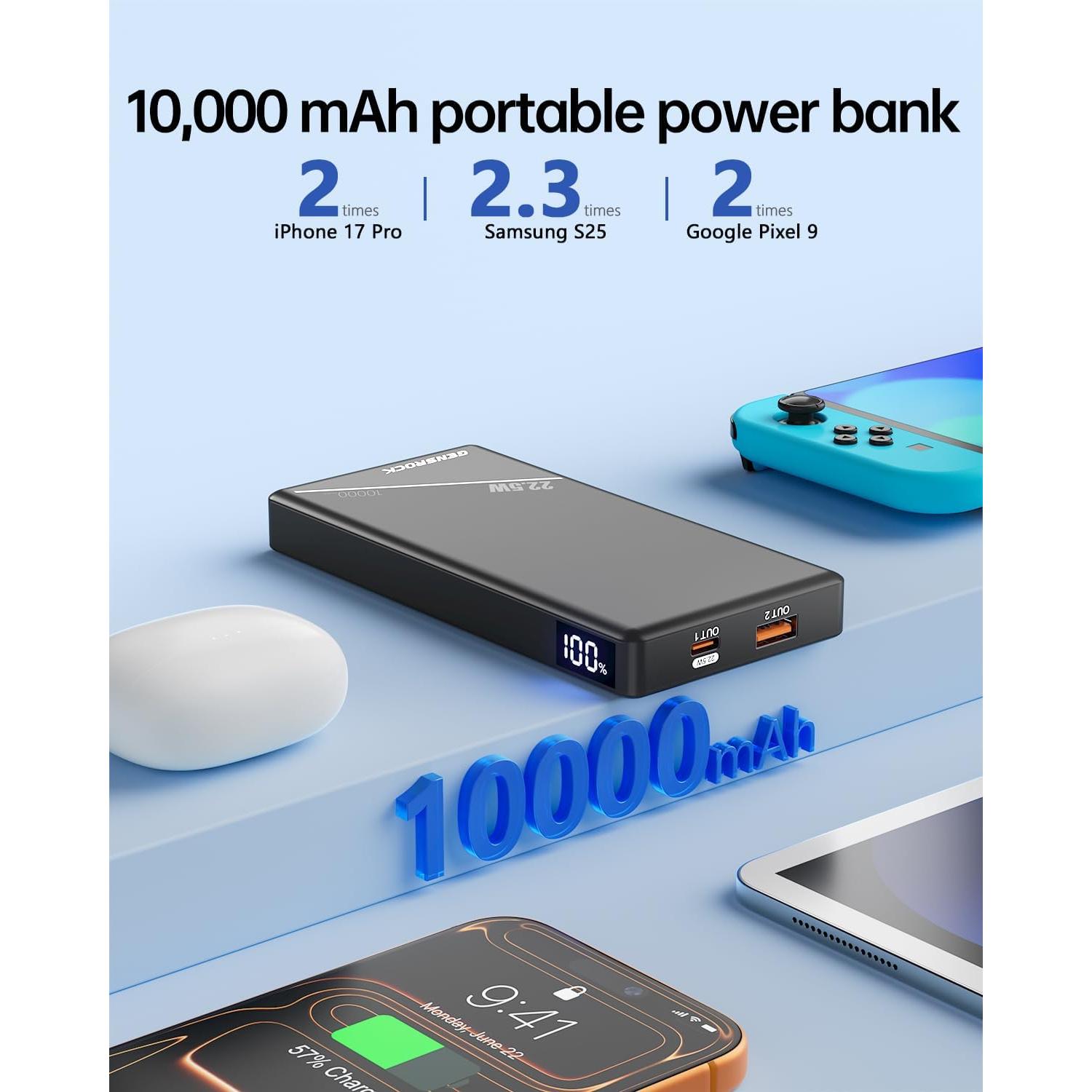 Cargador Portátil GENSROCK 10000mAh Carga Rápida 22.5W