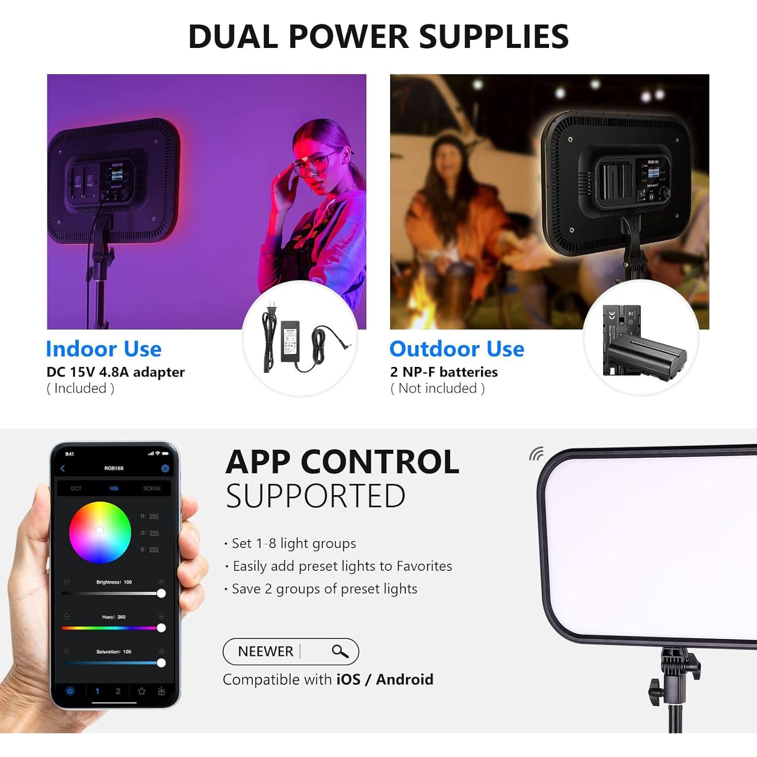 NEEWER Luz LED RGB168 60W con Control App y Soporte 200cm