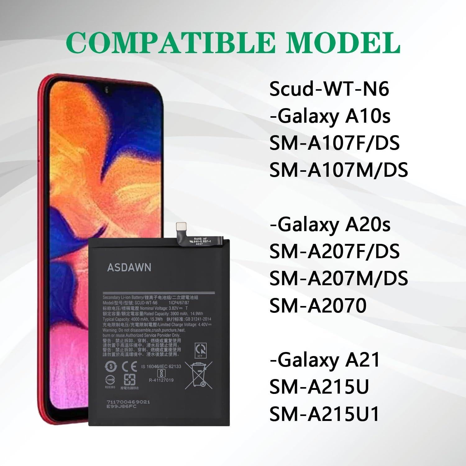 Batería de Reemplazo ASDAWN 4000mAh para Samsung Galaxy A10s/A20s/A21