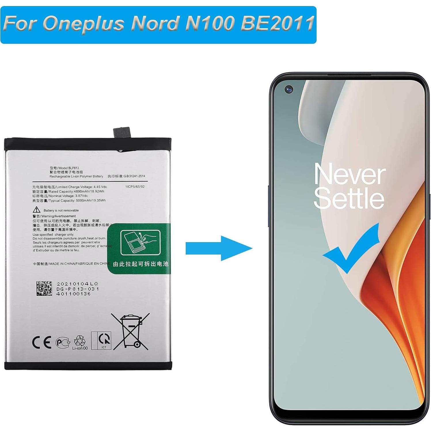Batería de Reemplazo BLP813 5000mAh para Oneplus Nord N100