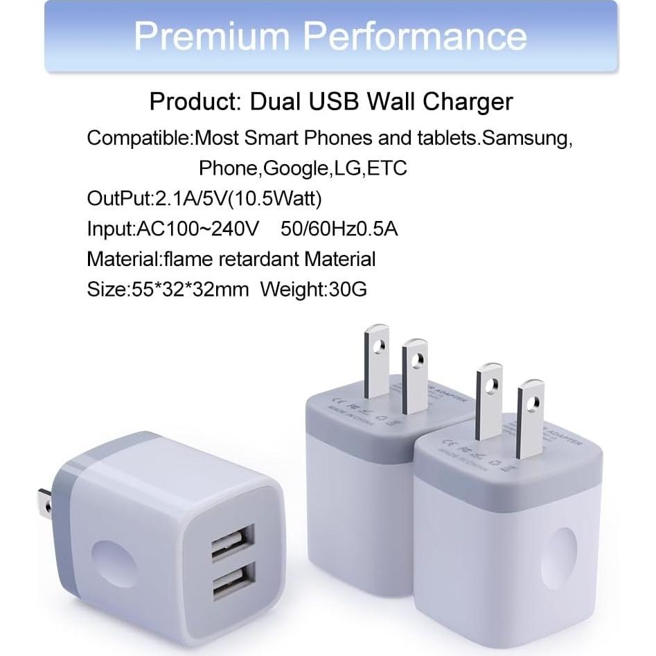 Cargador de Pared USB Doble Puerto 2.1A Eusbote 3-Pack Blanco