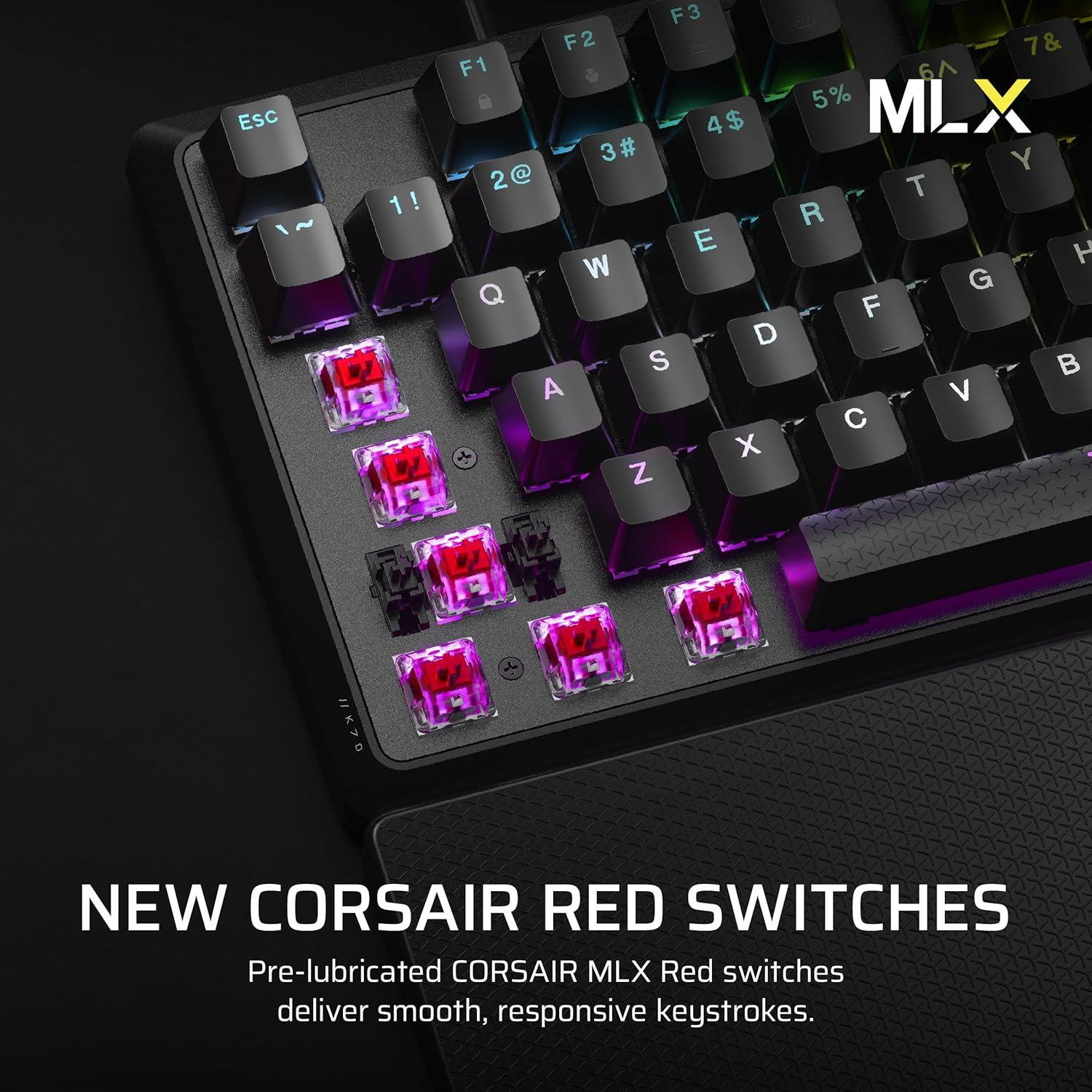 CORSAIR K70 CORE RGB Mechanical Wired Gaming Keyboard with Palmrest – Pre-Lubed MLX Red Linear Switches, SOCD, ABS Double-Shot Keycaps, Sound Dampening, Media Control Dial, QWERTY NA – Black
