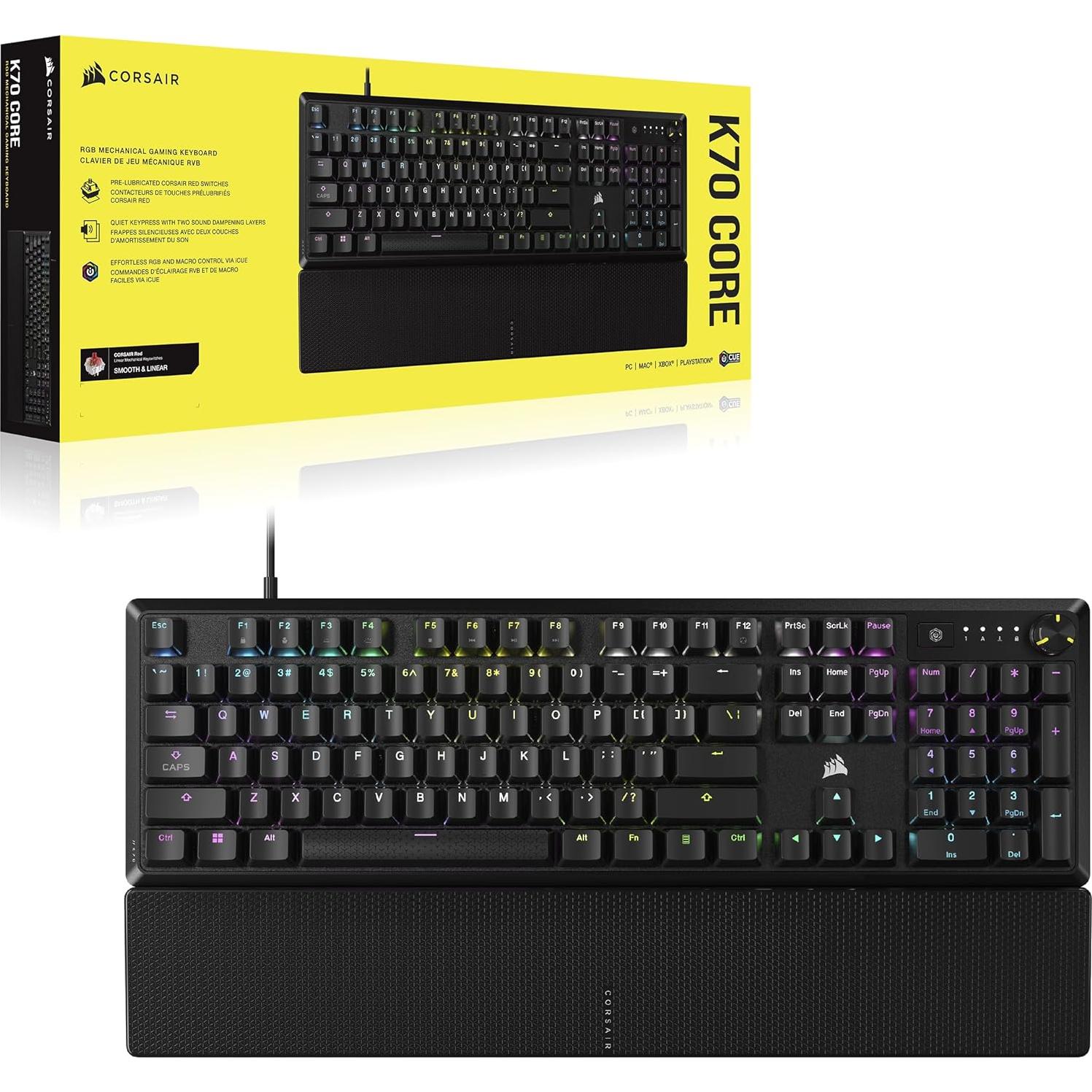 CORSAIR K70 CORE RGB Mechanical Wired Gaming Keyboard with Palmrest – Pre-Lubed MLX Red Linear Switches, SOCD, ABS Double-Shot Keycaps, Sound Dampening, Media Control Dial, QWERTY NA – Black