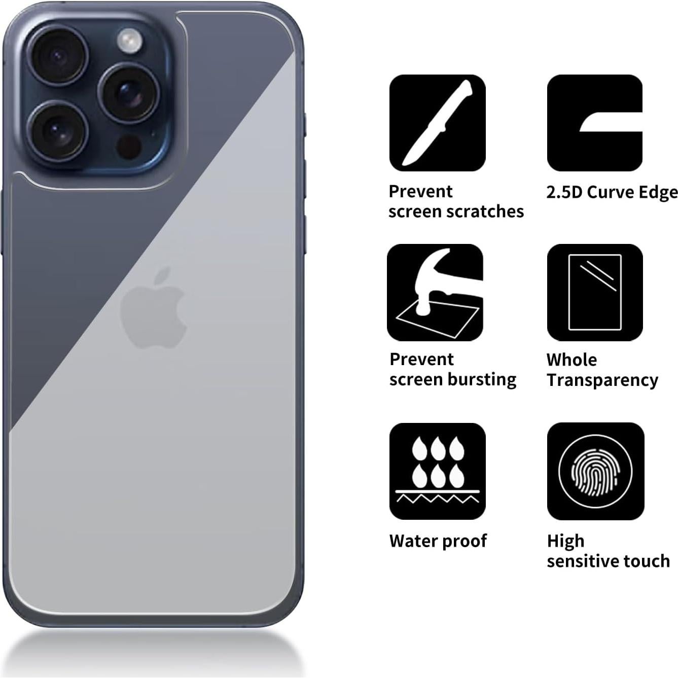 Paquete de 3 protectores de vidrio trasero iPhone 15 Pro Max 9H