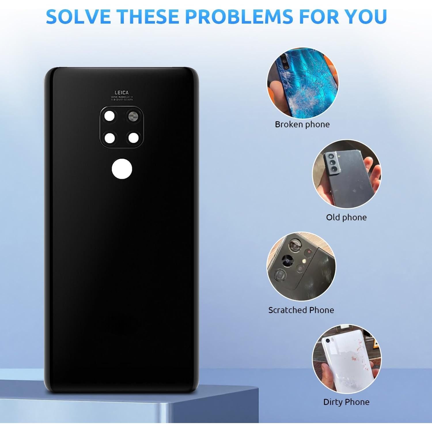 Cristal Trasero para Huawei Mate 20 Eonpam Negro + Kit Herramientas