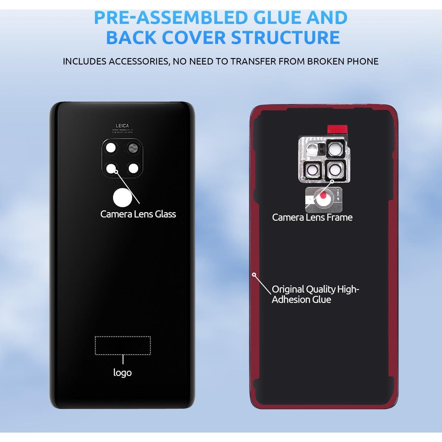 Cristal Trasero para Huawei Mate 20 Eonpam Negro + Kit Herramientas