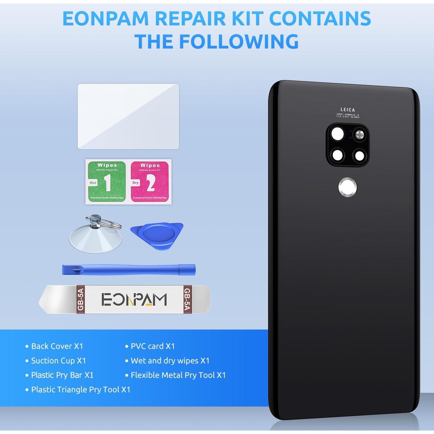 Cristal Trasero para Huawei Mate 20 Eonpam Negro + Kit Herramientas