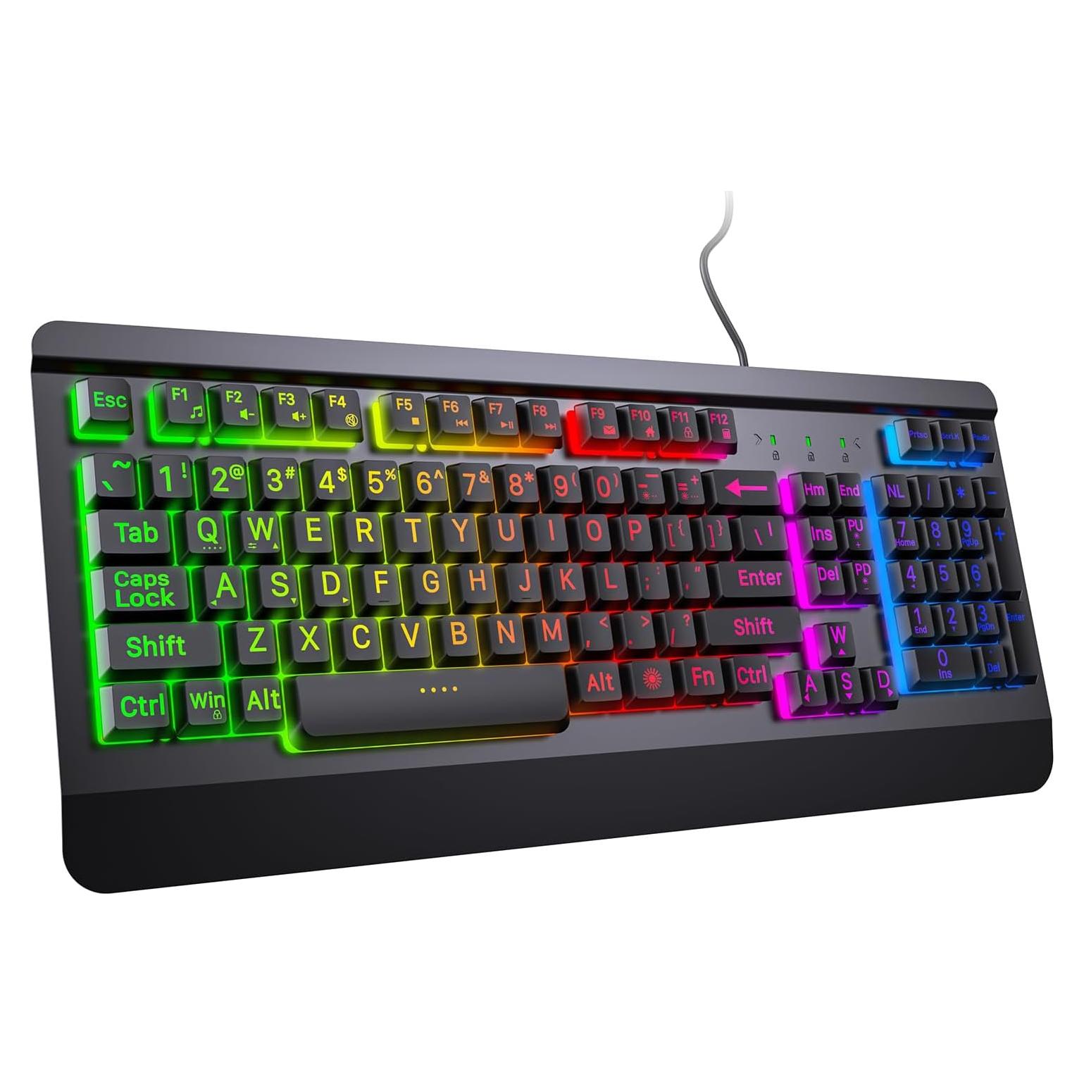 Gaming Computer Keyboard with Large Print Keys, 104 Keys All-Metal Panel, Rainbow LED Backlit, Wrist Rest, Multimedia, Anti-Ghosting, Waterproof Light Up Wired Keyboard for PC Mac Gamer