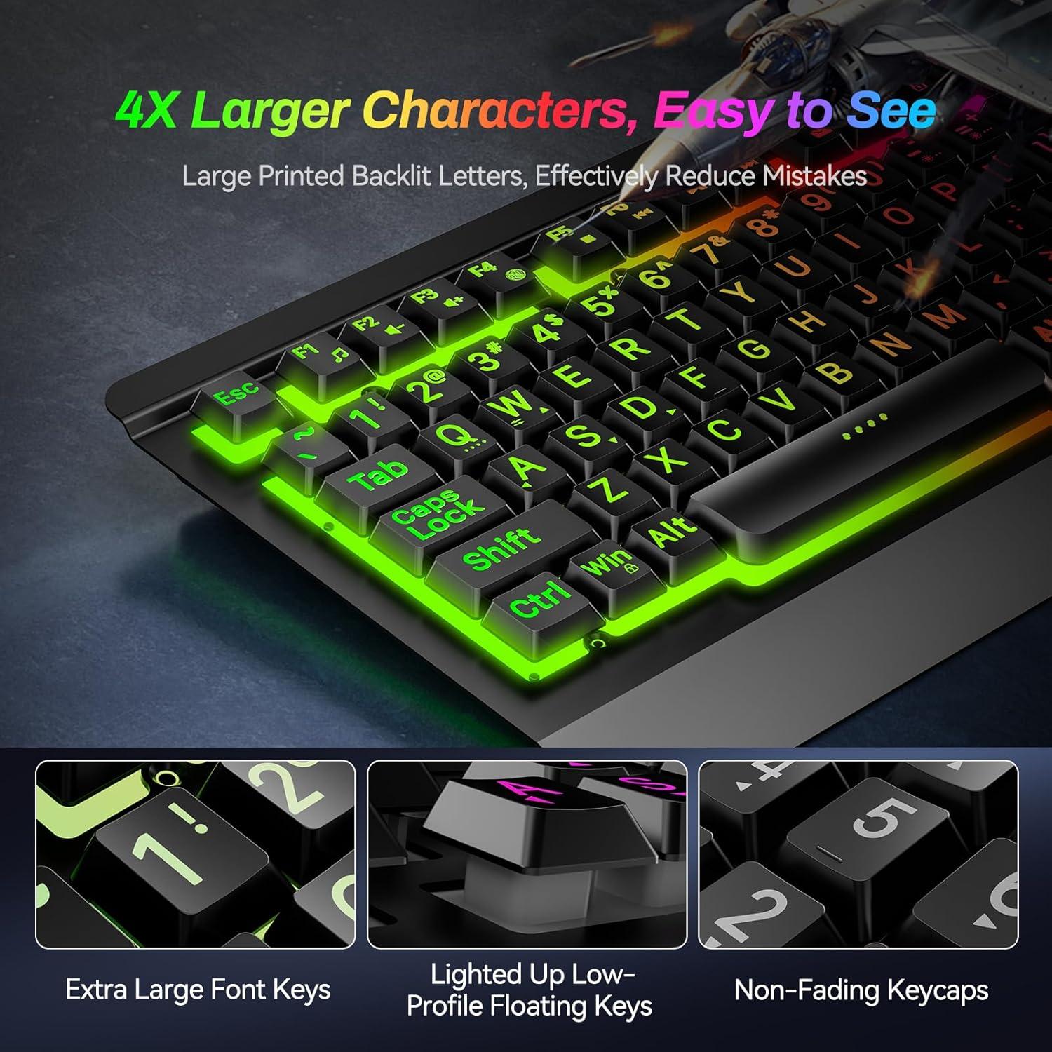 Gaming Computer Keyboard with Large Print Keys, 104 Keys All-Metal Panel, Rainbow LED Backlit, Wrist Rest, Multimedia, Anti-Ghosting, Waterproof Light Up Wired Keyboard for PC Mac Gamer