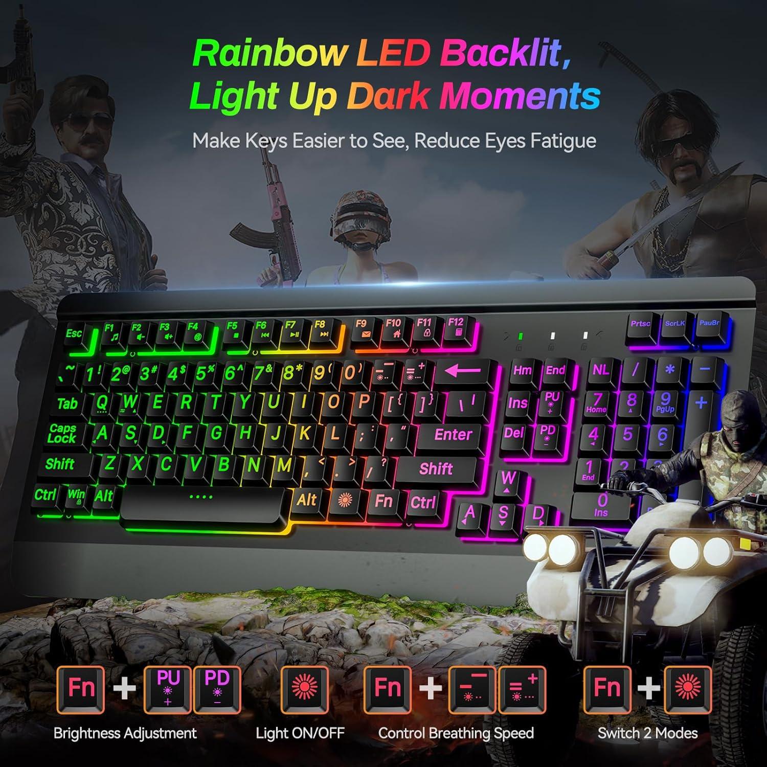 Gaming Computer Keyboard with Large Print Keys, 104 Keys All-Metal Panel, Rainbow LED Backlit, Wrist Rest, Multimedia, Anti-Ghosting, Waterproof Light Up Wired Keyboard for PC Mac Gamer