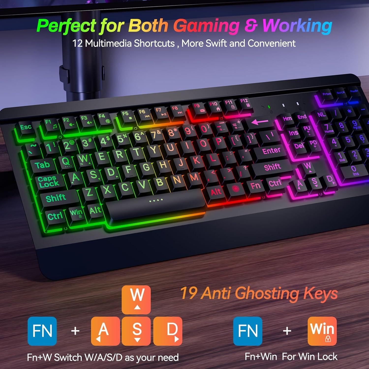 Gaming Computer Keyboard with Large Print Keys, 104 Keys All-Metal Panel, Rainbow LED Backlit, Wrist Rest, Multimedia, Anti-Ghosting, Waterproof Light Up Wired Keyboard for PC Mac Gamer