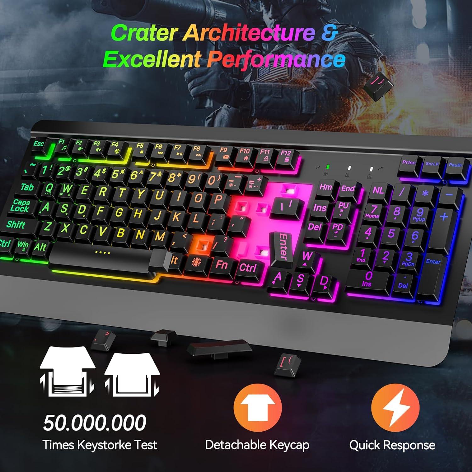 Gaming Computer Keyboard with Large Print Keys, 104 Keys All-Metal Panel, Rainbow LED Backlit, Wrist Rest, Multimedia, Anti-Ghosting, Waterproof Light Up Wired Keyboard for PC Mac Gamer