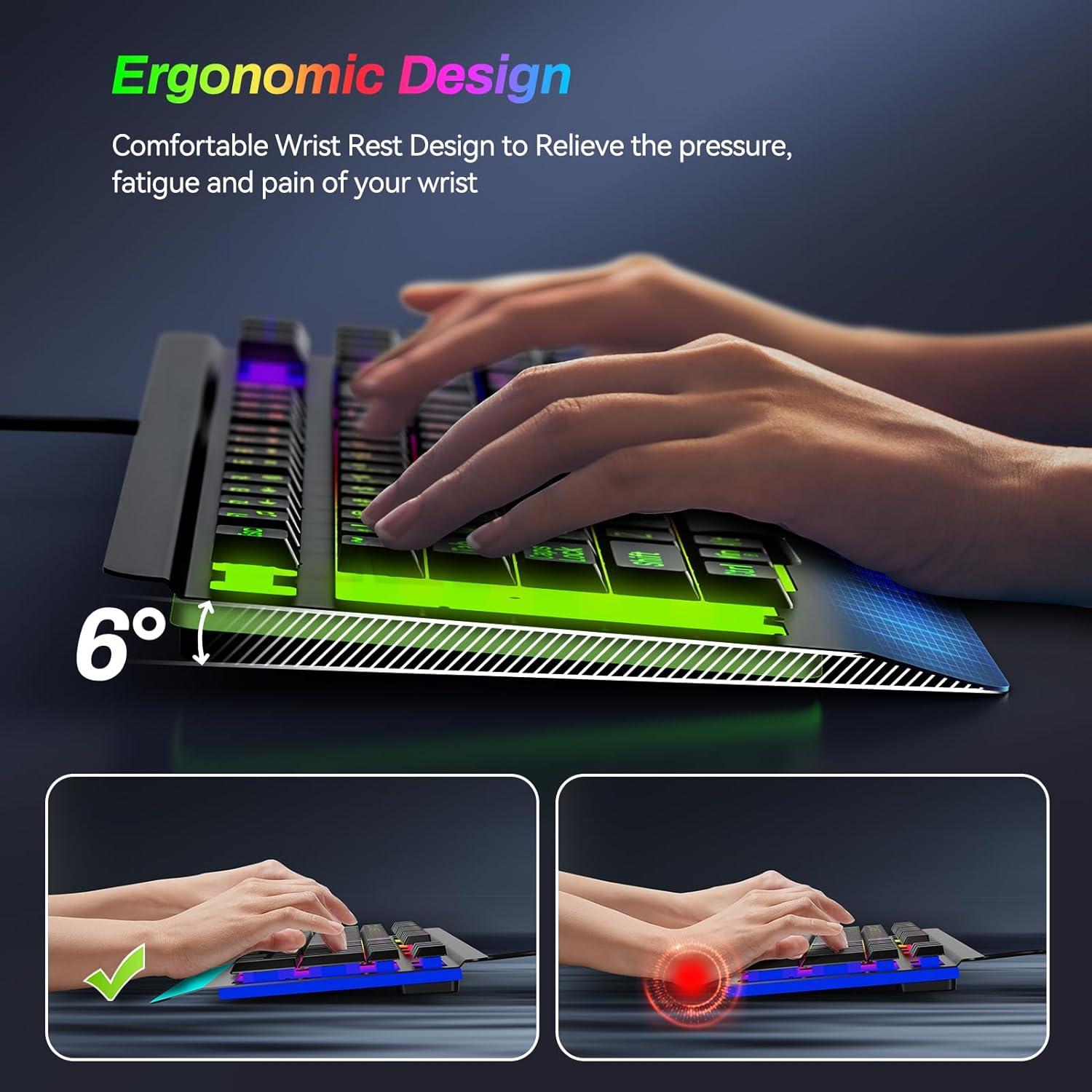 Gaming Computer Keyboard with Large Print Keys, 104 Keys All-Metal Panel, Rainbow LED Backlit, Wrist Rest, Multimedia, Anti-Ghosting, Waterproof Light Up Wired Keyboard for PC Mac Gamer