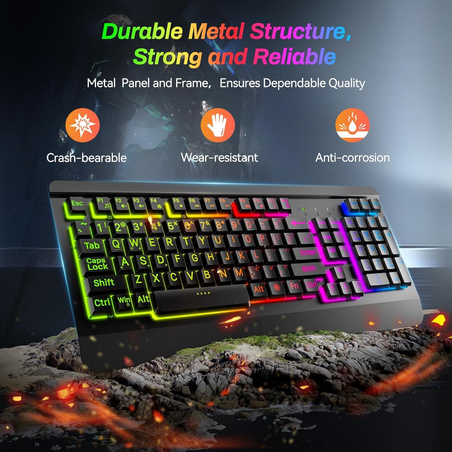 Gaming Computer Keyboard with Large Print Keys, 104 Keys All-Metal Panel, Rainbow LED Backlit, Wrist Rest, Multimedia, Anti-Ghosting, Waterproof Light Up Wired Keyboard for PC Mac Gamer