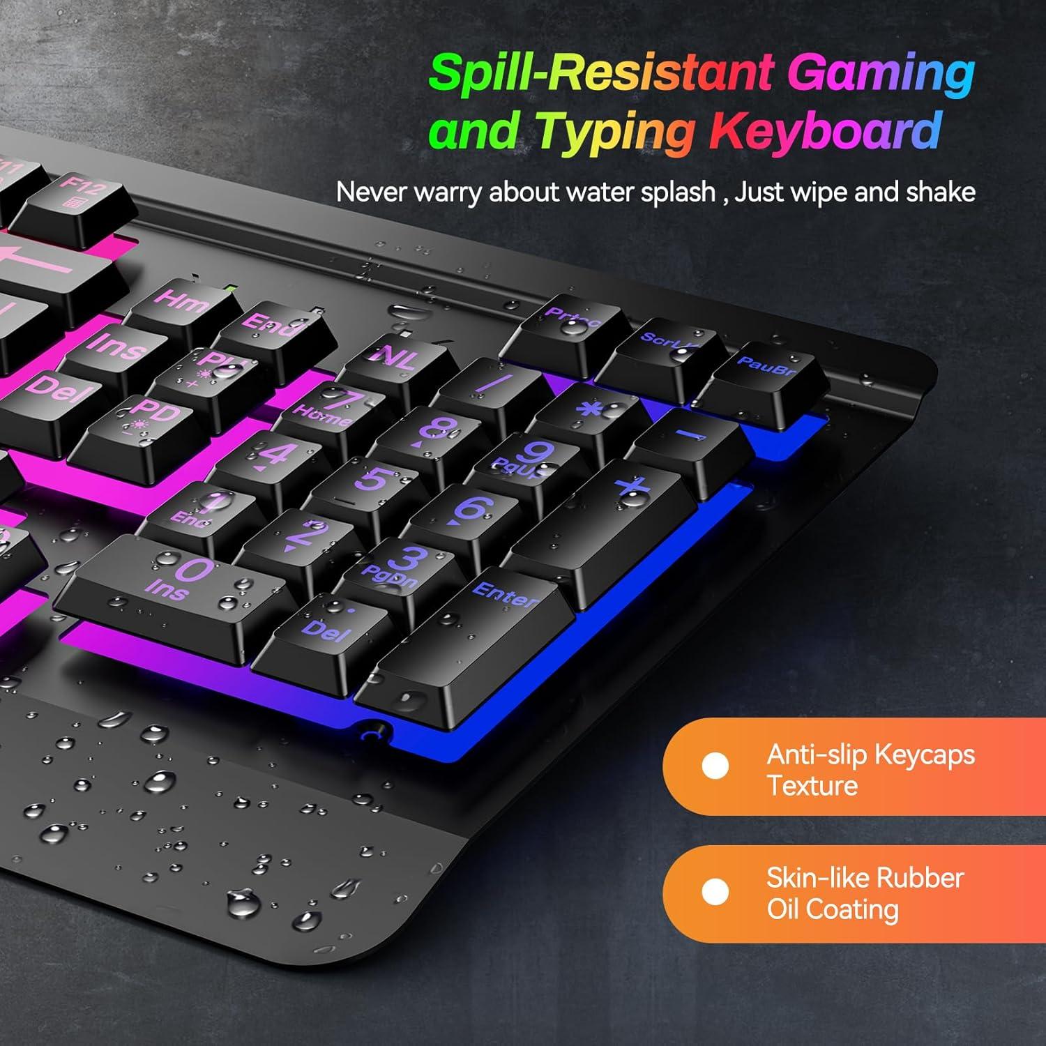 Gaming Computer Keyboard with Large Print Keys, 104 Keys All-Metal Panel, Rainbow LED Backlit, Wrist Rest, Multimedia, Anti-Ghosting, Waterproof Light Up Wired Keyboard for PC Mac Gamer
