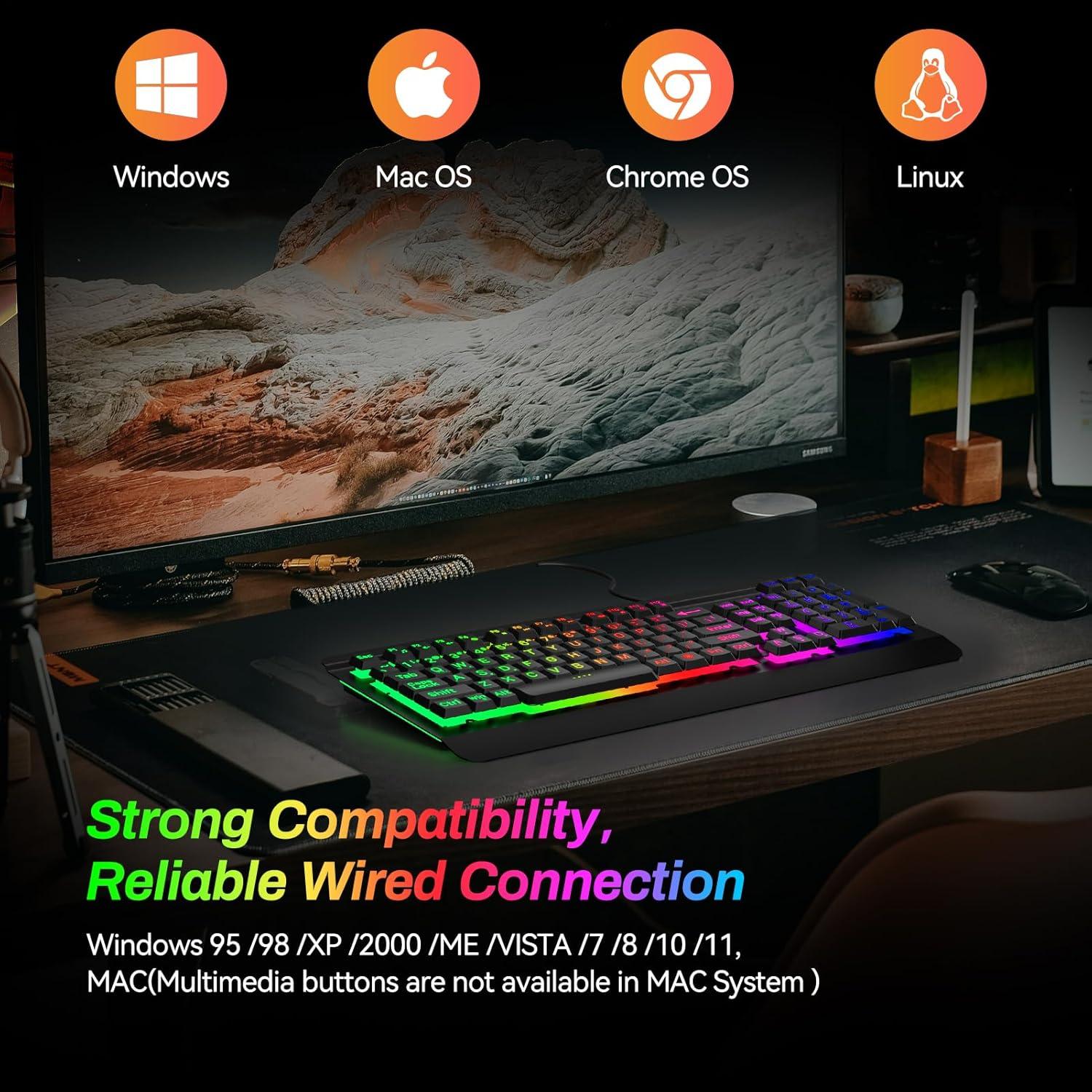 Gaming Computer Keyboard with Large Print Keys, 104 Keys All-Metal Panel, Rainbow LED Backlit, Wrist Rest, Multimedia, Anti-Ghosting, Waterproof Light Up Wired Keyboard for PC Mac Gamer