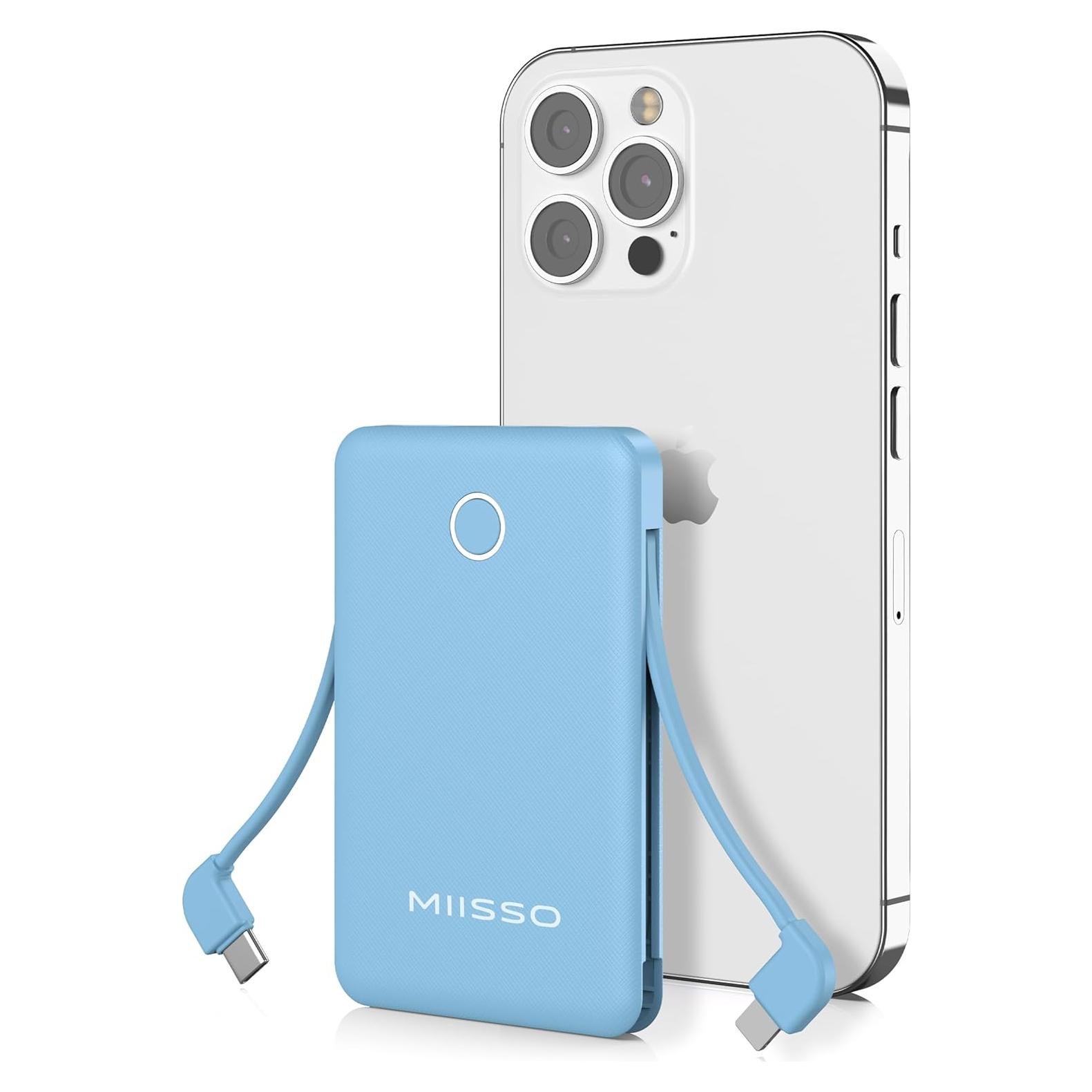 Banco de Energía 6000mAh Azul con Cables USB C Incorporados