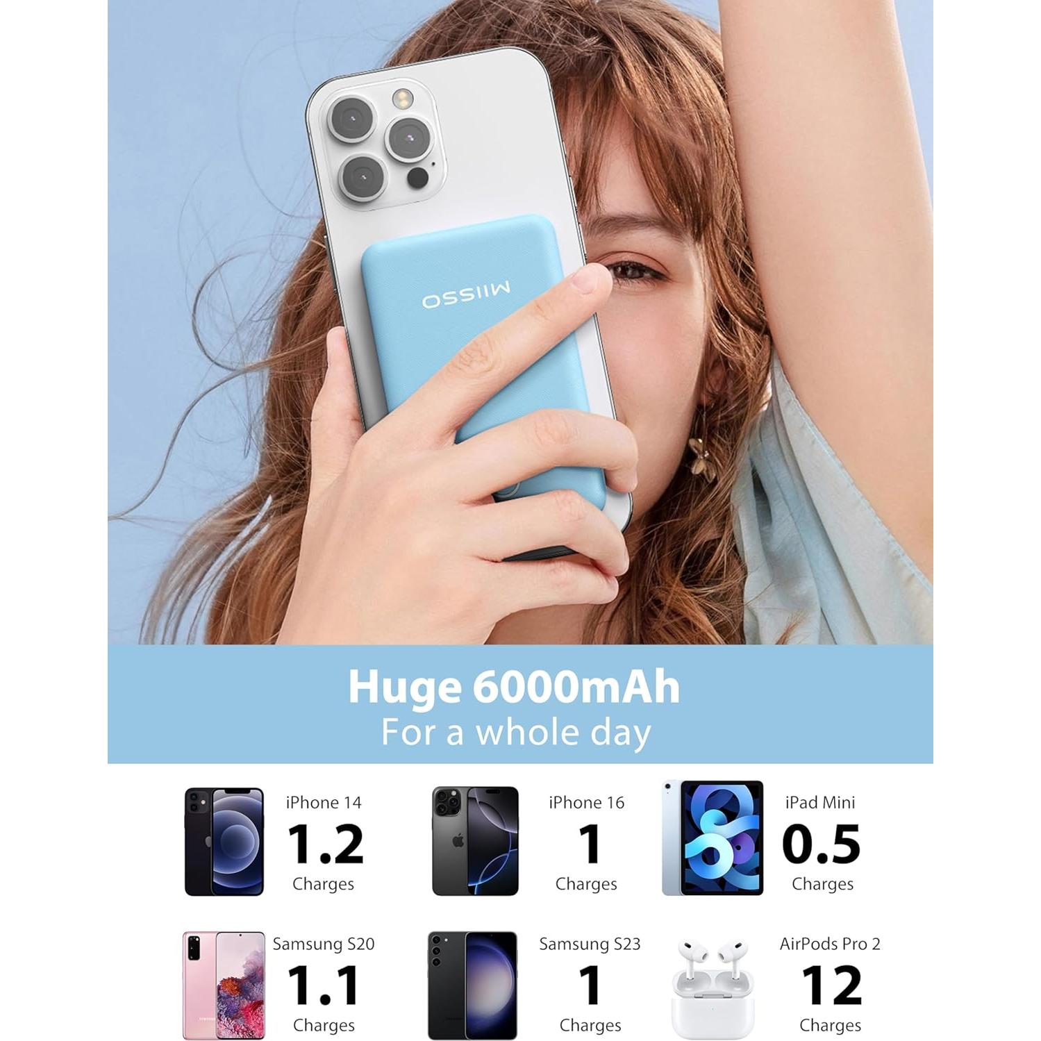 Banco de Energía 6000mAh Azul con Cables USB C Incorporados