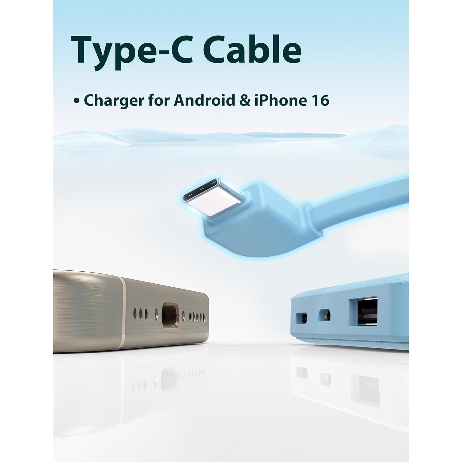 Banco de Energía 6000mAh Azul con Cables USB C Incorporados