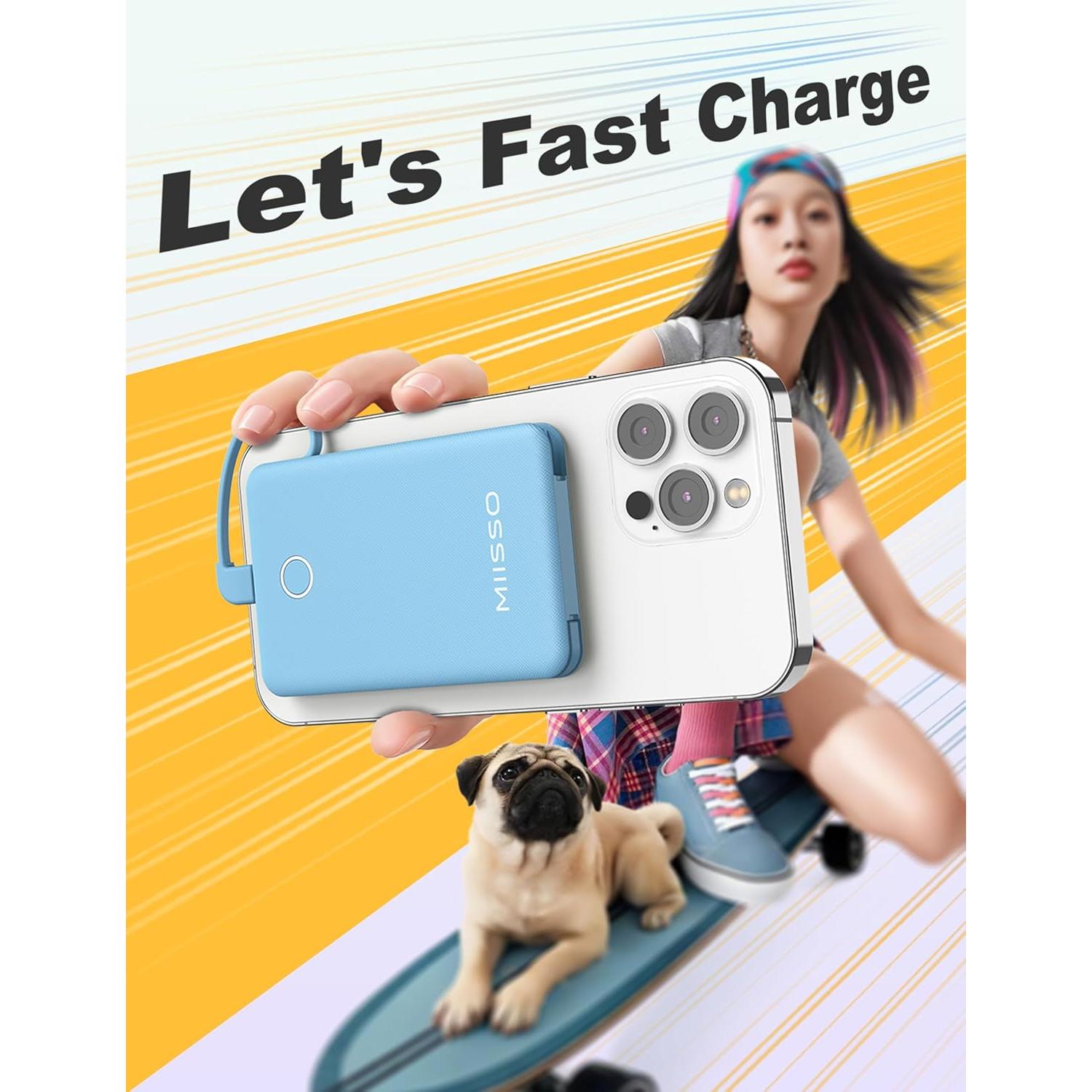 Banco de Energía 6000mAh Azul con Cables USB C Incorporados