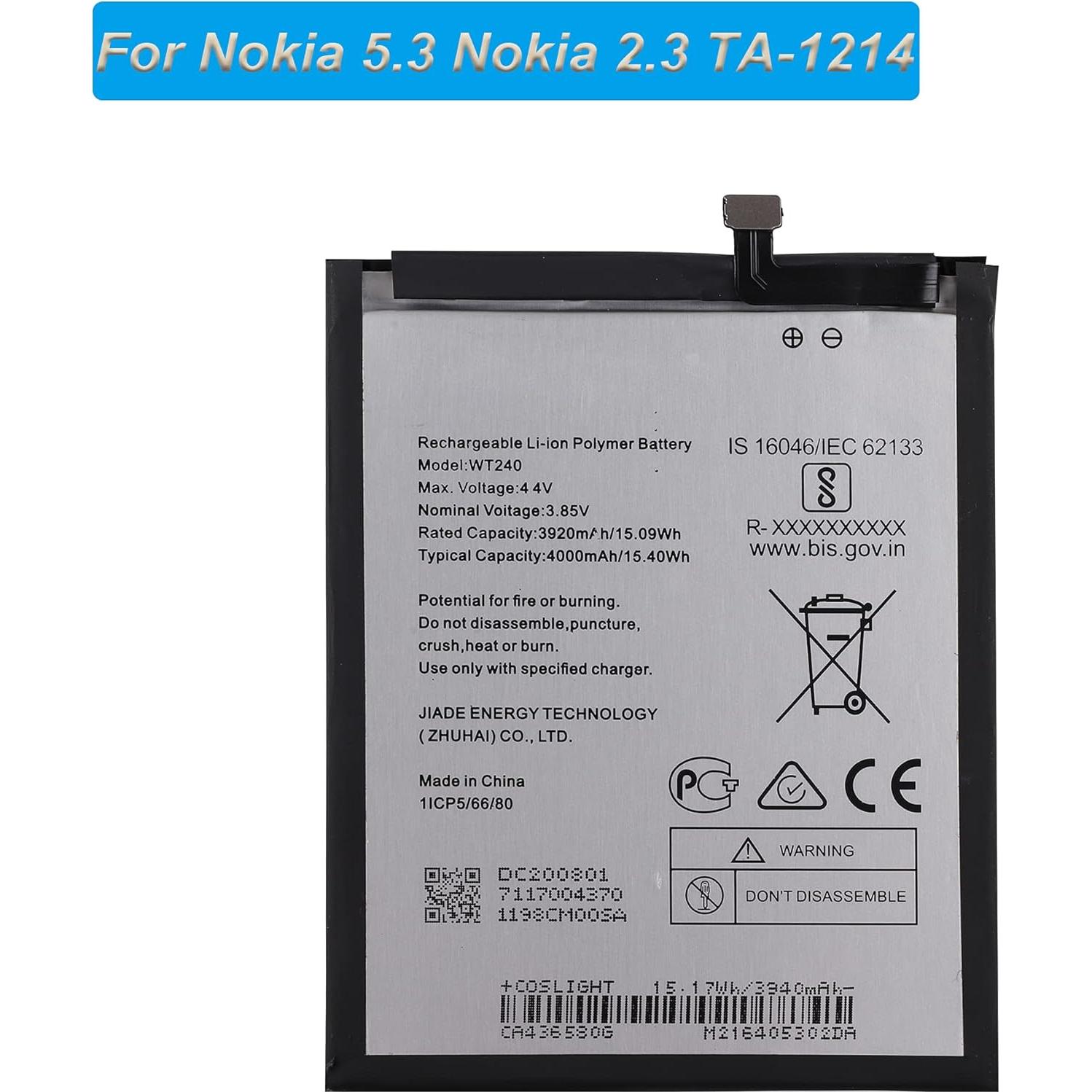 Batería de Reemplazo WT240 para Nokia 5.3 y 2.3 - 3920mAh