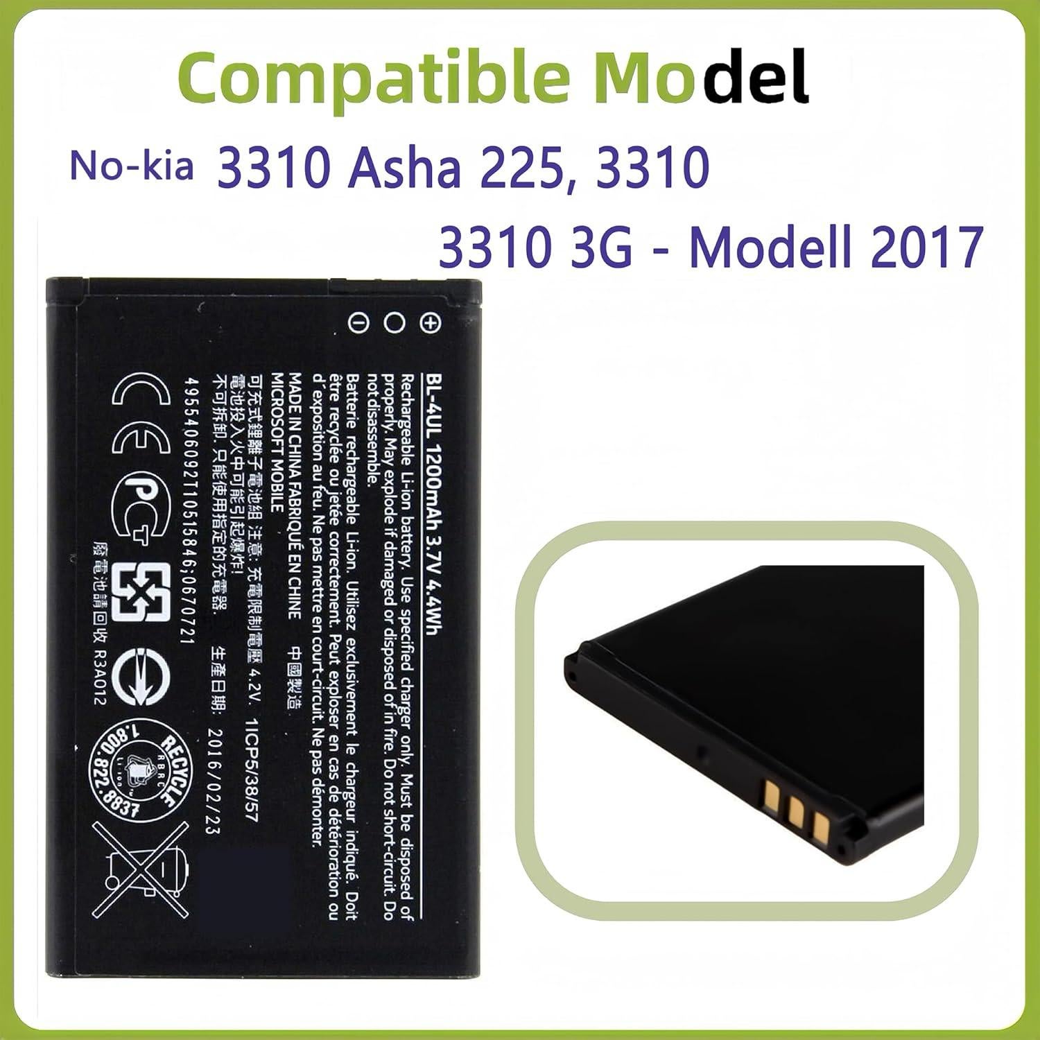 Batería Recargable BL-4UL para Nokia 3310 y 225 - 1200 mAh