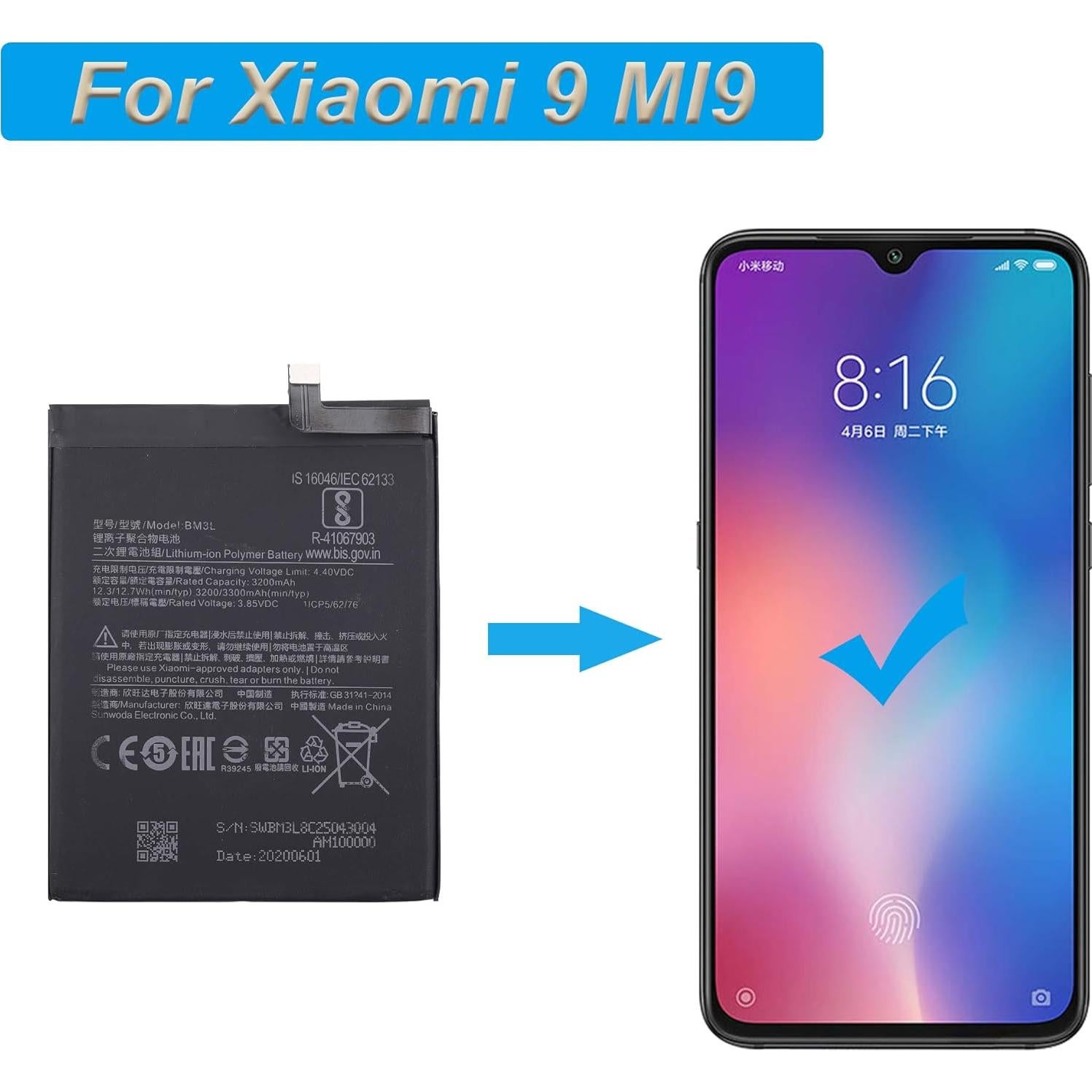 Batería de Reemplazo BM3L Xiaomi 9 MI9 M9 3300mAh