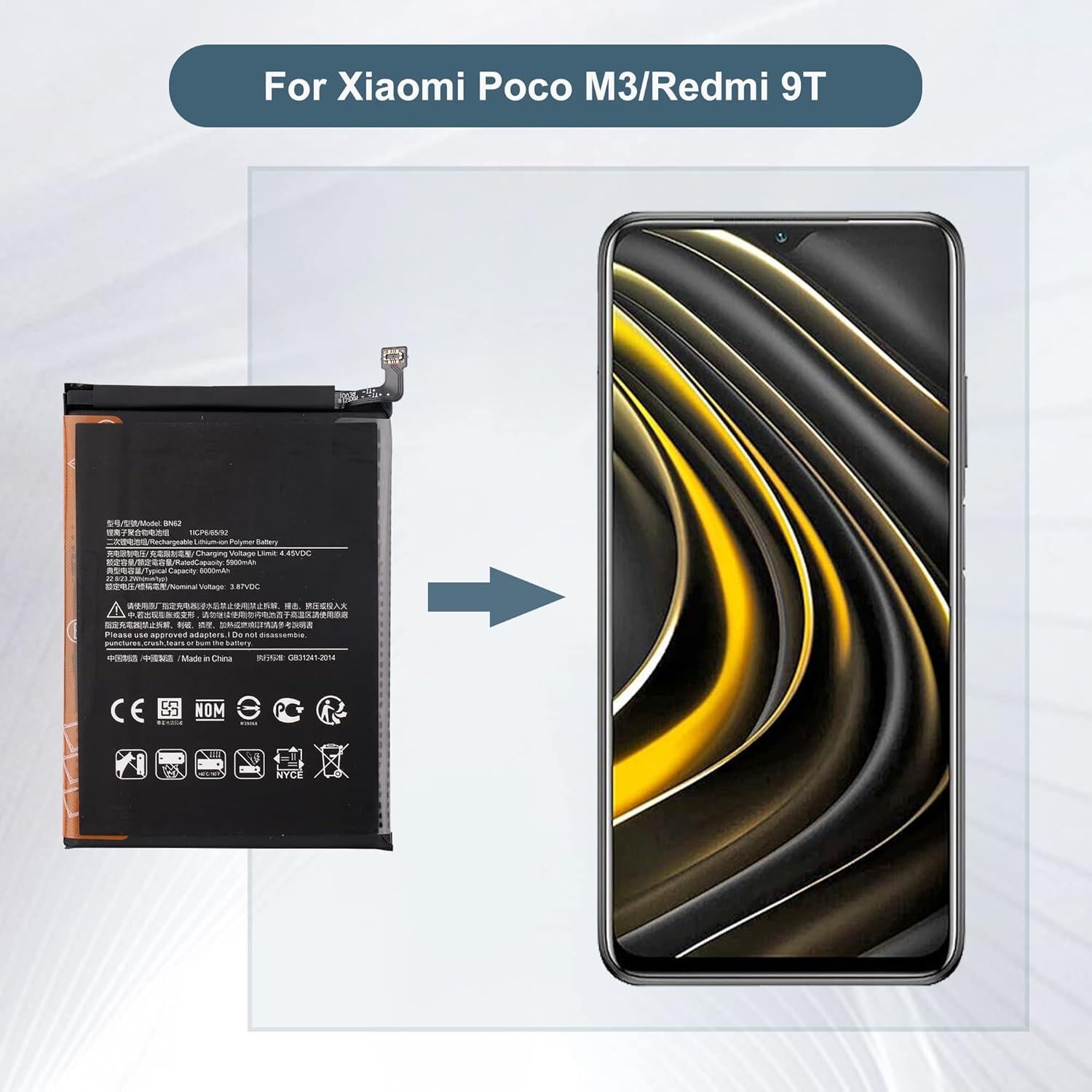 Batería de Reemplazo BN62 6000mAh para Xiaomi Pocophone Poco M3
