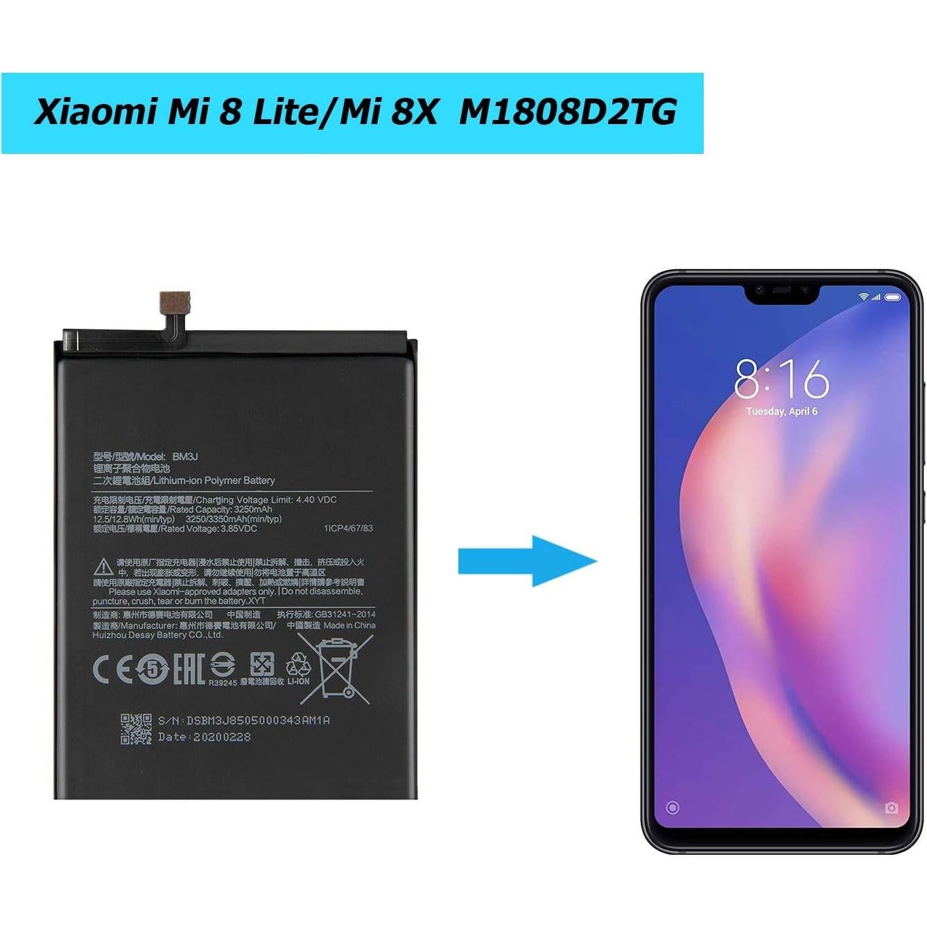 Batería de Reemplazo BM3J para Xiaomi Mi 8 Lite/Mi 8/Mi 8X 3250mAh