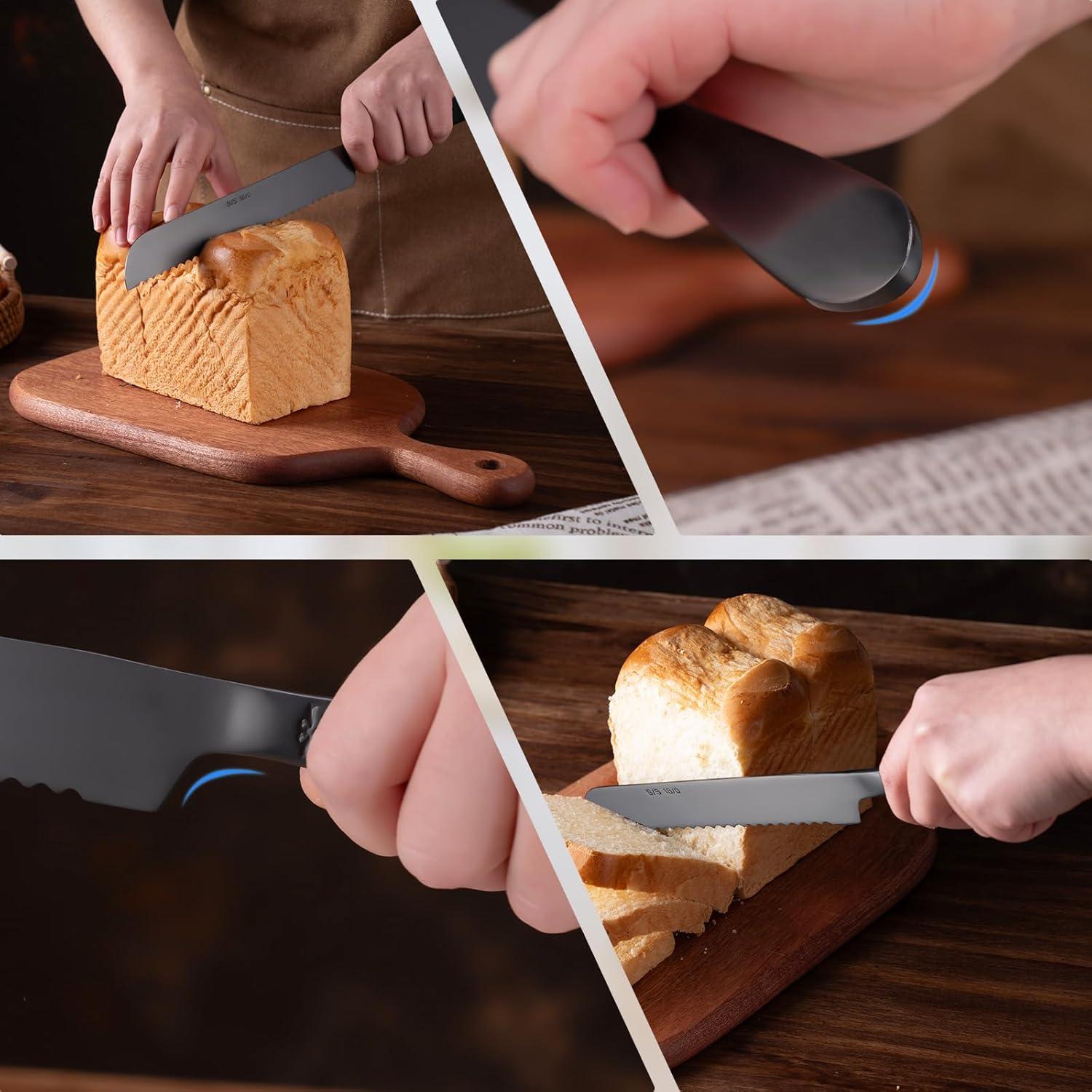 Cuchillo de Pan Eisinly 33cm Acero Inoxidable Serrado 2PCS Negro Mate