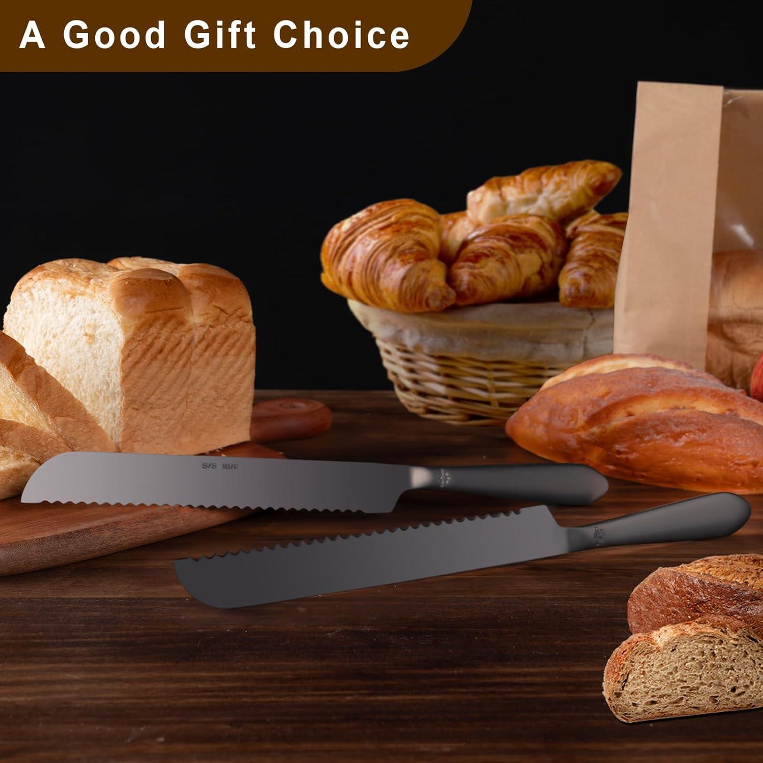 Cuchillo de Pan Eisinly 33cm Acero Inoxidable Serrado 2PCS Negro Mate