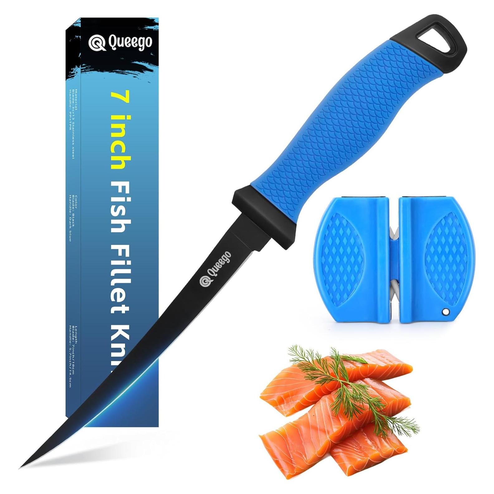 Cuchillo para filetear Queego 17.78 cm acero inoxidable con afilador