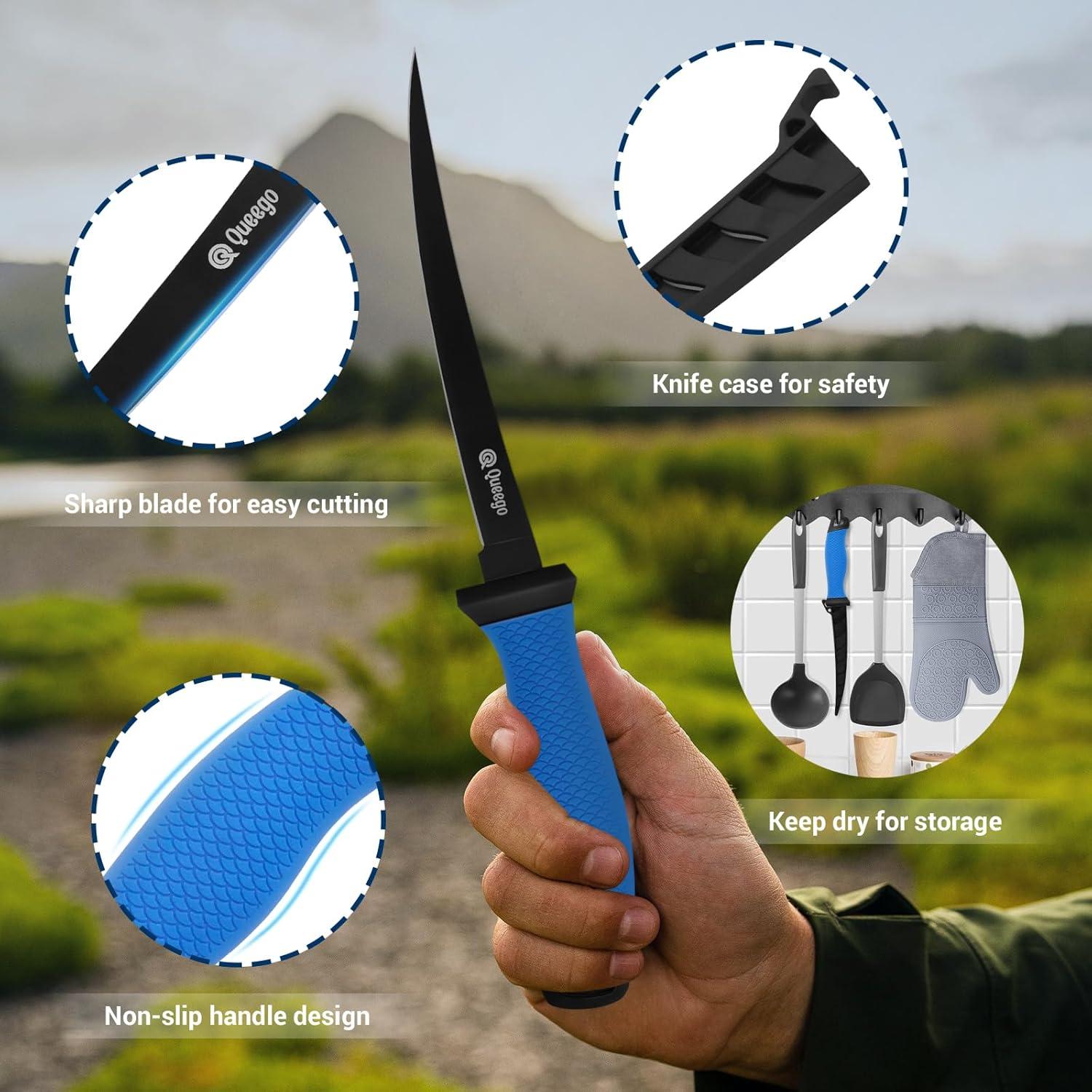 Cuchillo para filetear Queego 17.78 cm acero inoxidable con afilador