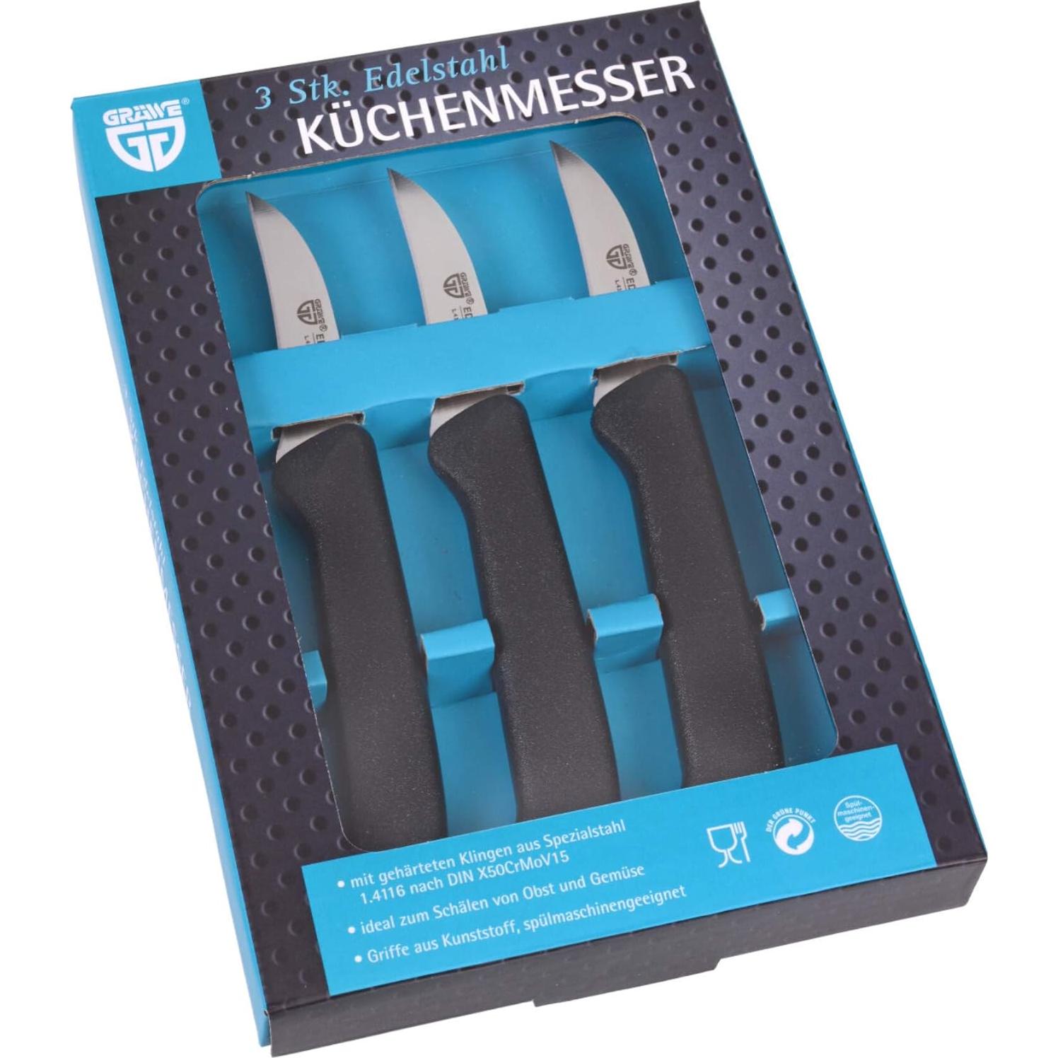 Set de 3 cuchillos de fruta GRÄWE, acero inoxidable, mangos negros